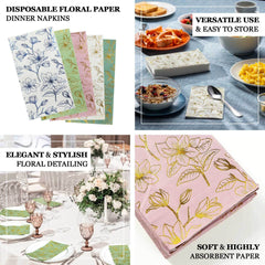 50-Pack Paper Dinner Napkins Dusty Sage Green with Gold Magnolia Flowers Print 2-Ply - Disposable Soft Napkins for Parties