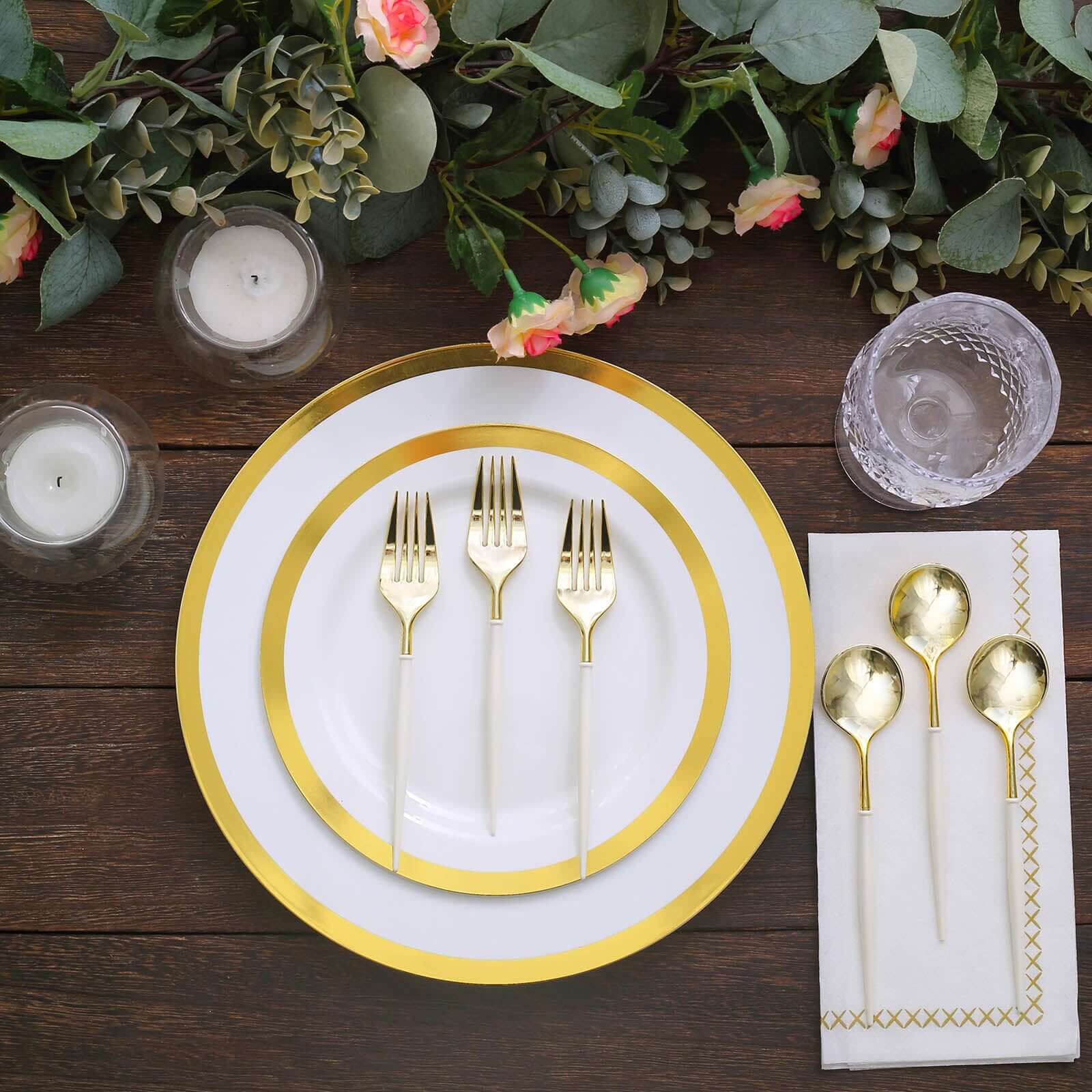 24-Pack Plastic Fork and Spoon Set Gold/Ivory - Heavy Duty Disposable Modern Utensils 6"