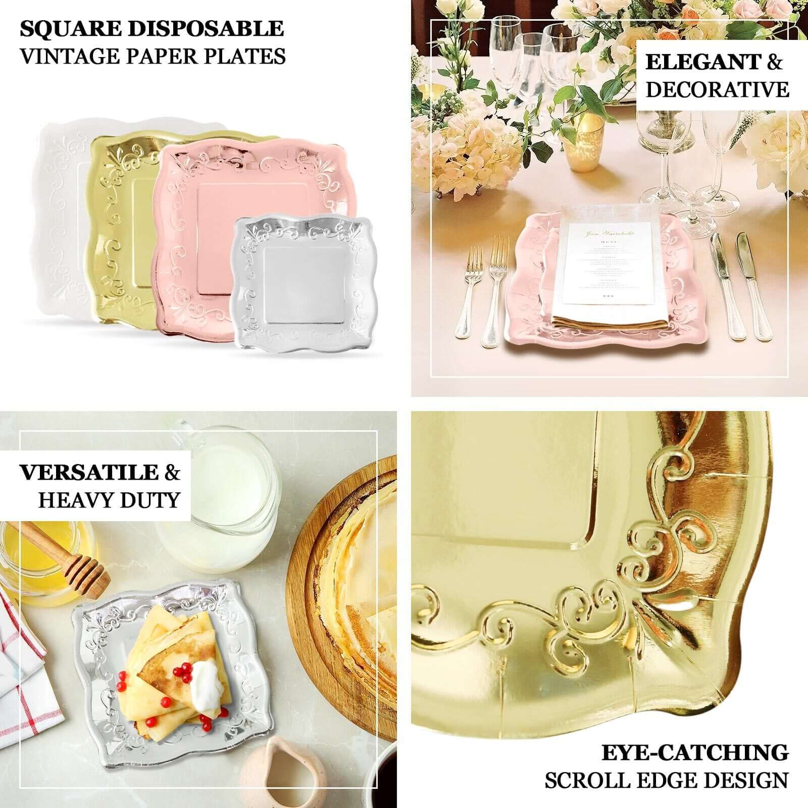 25-Pack Paper 7" Square Dessert Plates in White with Vintage Pottery Embossed Design - Shiny Disposable Appetizer Plates