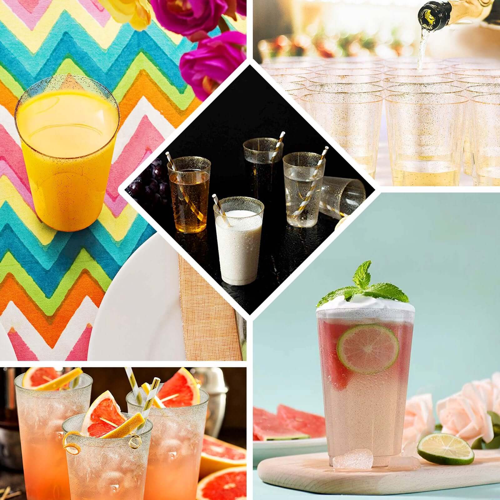 12-Pack Plastic Party Cups Clear Gold Glitter - Durable Disposable Tumblers for Drinks 17oz 5.5"