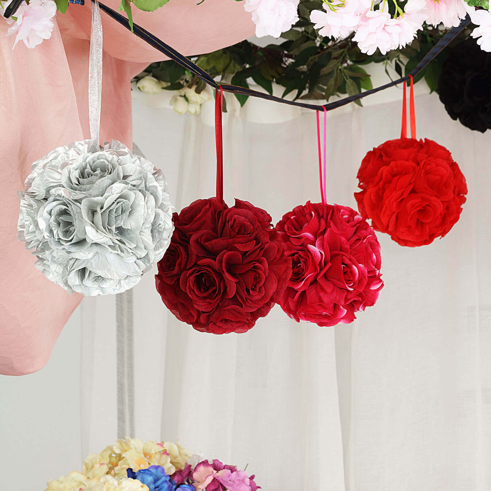 2 Pack 7" Silver Artificial Silk Rose Kissing Ball, Faux Flower Ball
