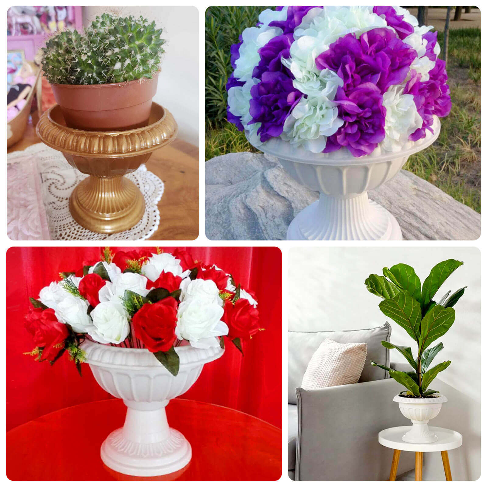 4-Pack Plastic Flower Pot Vases Roman Style White - Classic Floral Urn Planter Table Centerpieces 6"