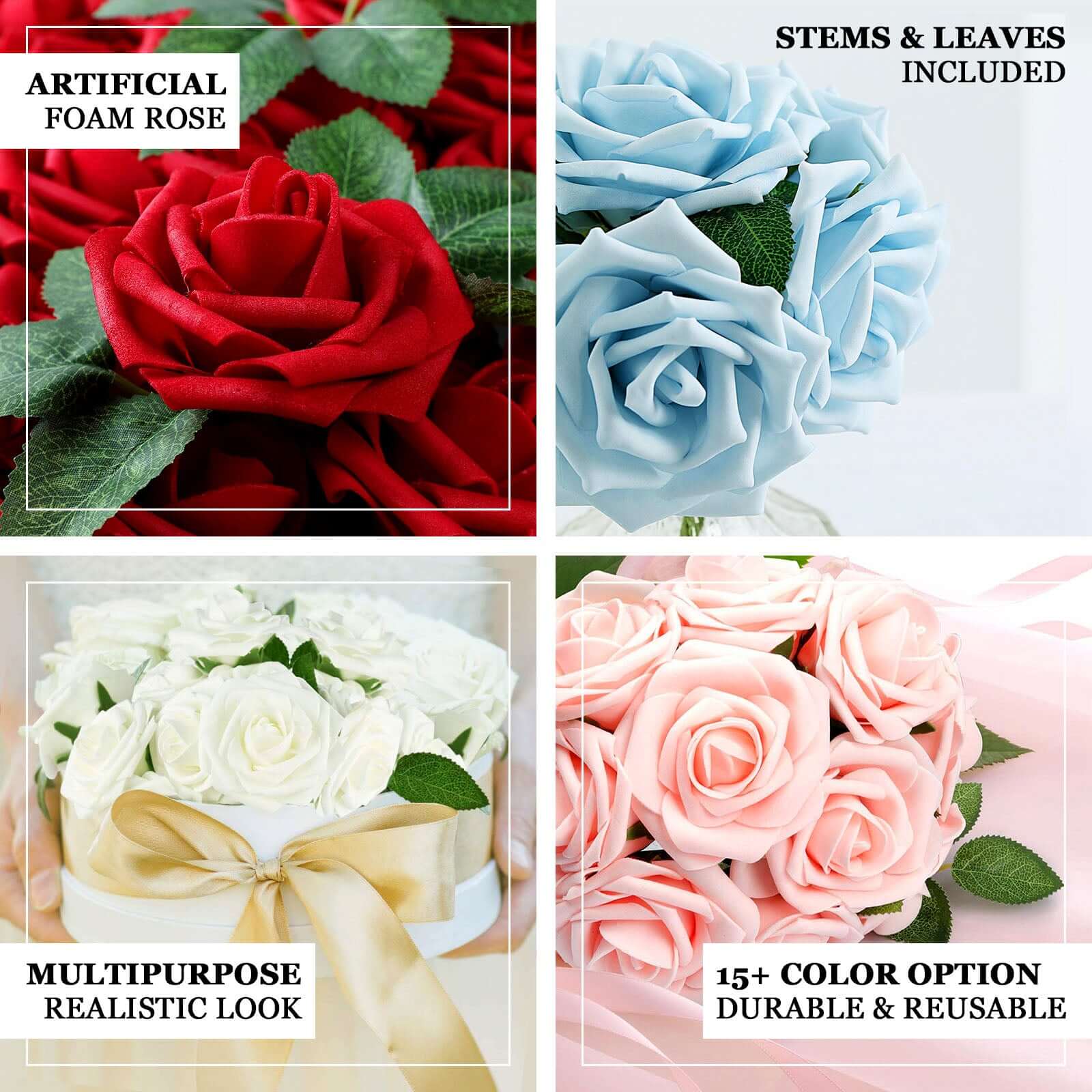 24 Roses 5" Cream Artificial Foam Flowers With Stem Wire and Leaves