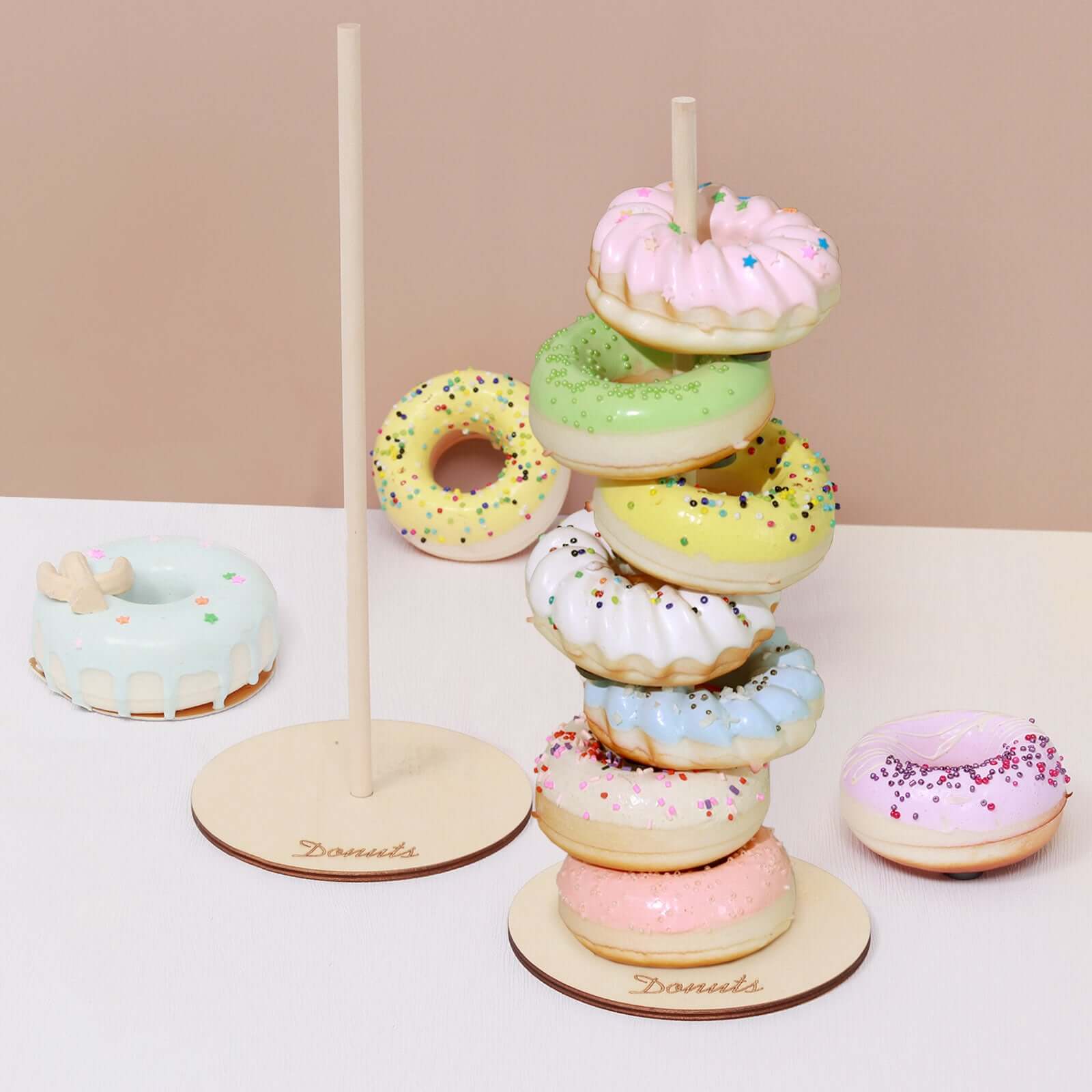 2-Pack Wooden Donut Stand Tower - Detachable Doughnut Rack Holder for Rustic Chic Dessert Tables