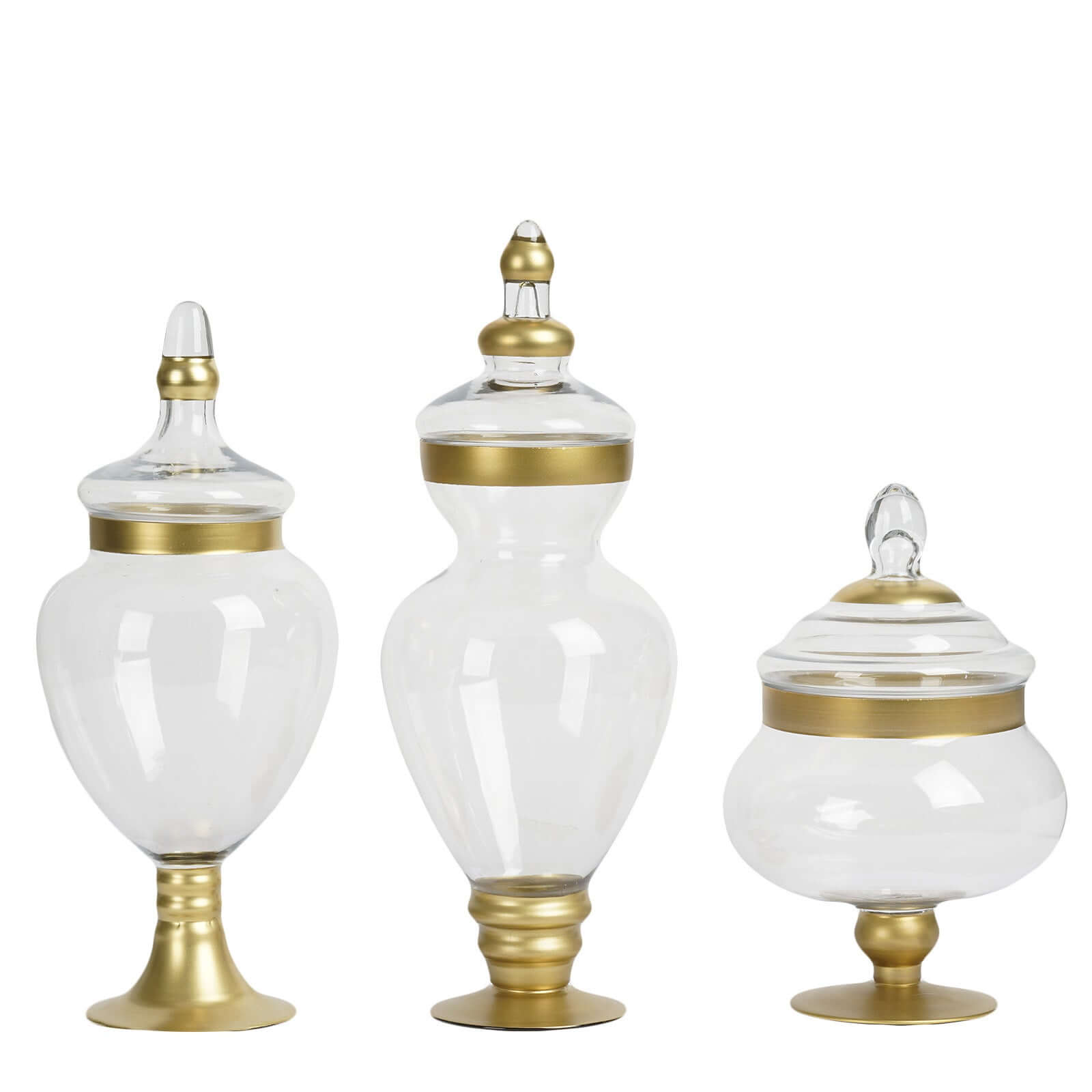 Set of 3 Glass Candy Jars Apothecary Design Gold Trim with Snap-On Lids - Large Stylish Containers for Parties 10"/14"/16"
