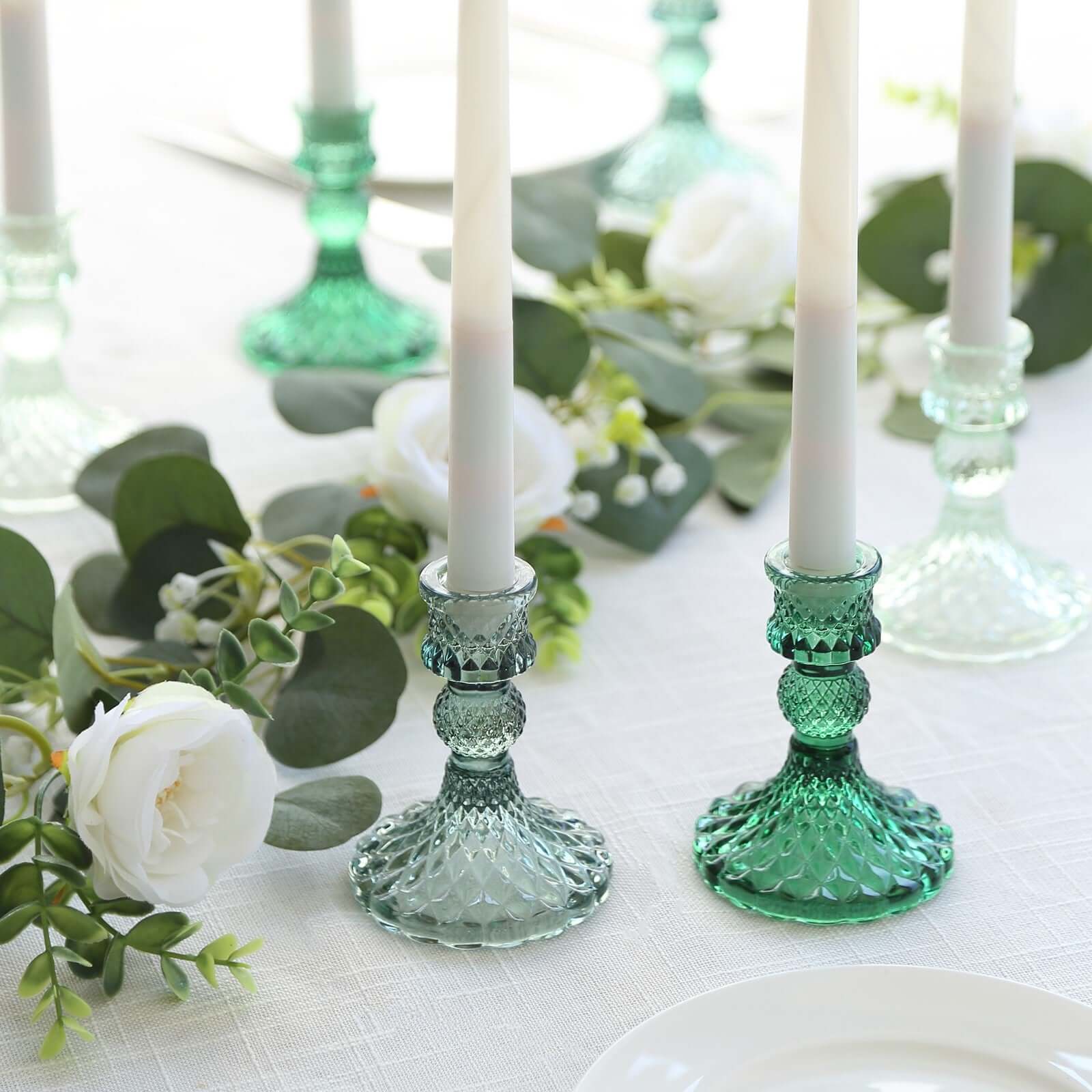 6-Pack Glass Taper Candlestick Holders Diamond Pattern Design Assorted Green - Reversible Crystal Pillar Votive Stands 4"