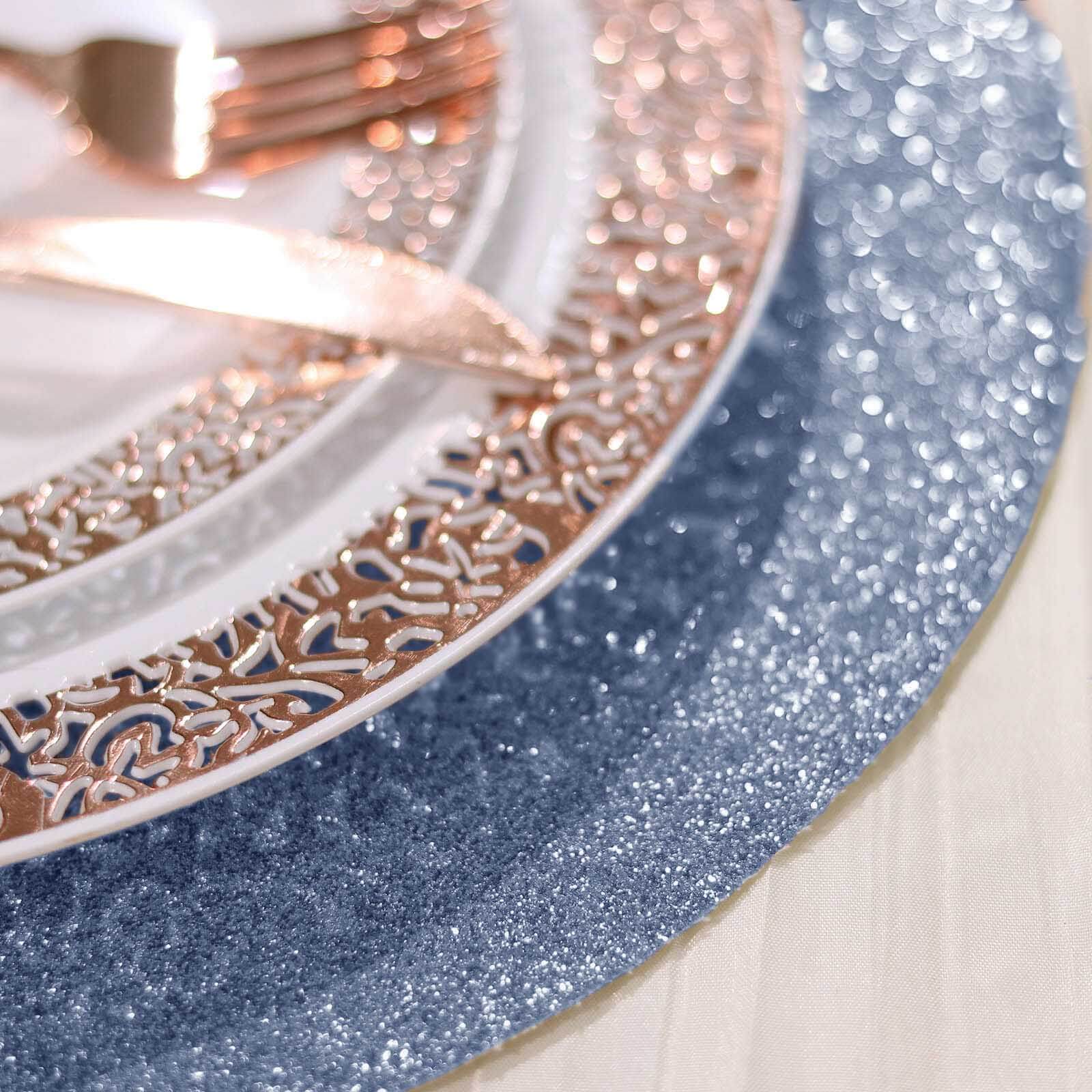 6-Pack Placemats Glitter Design Dusty Blue Sparkle Round - Non-Slip Decorative Dining Table Mats 13"