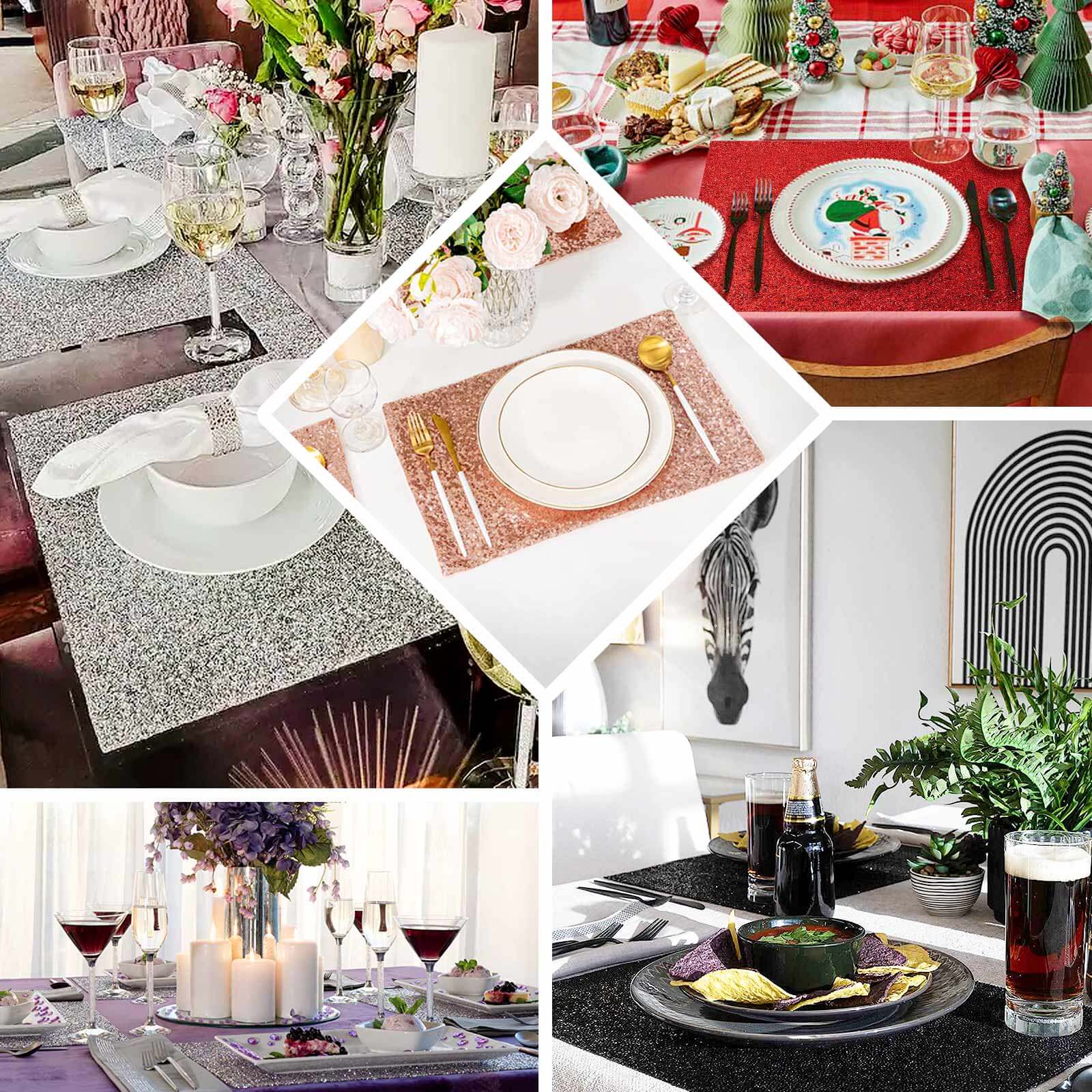 6-Pack Placemats Glitter Design Black Sparkle Rectangle - Non-Slip Decorative Dining Table Mats 12"x18"