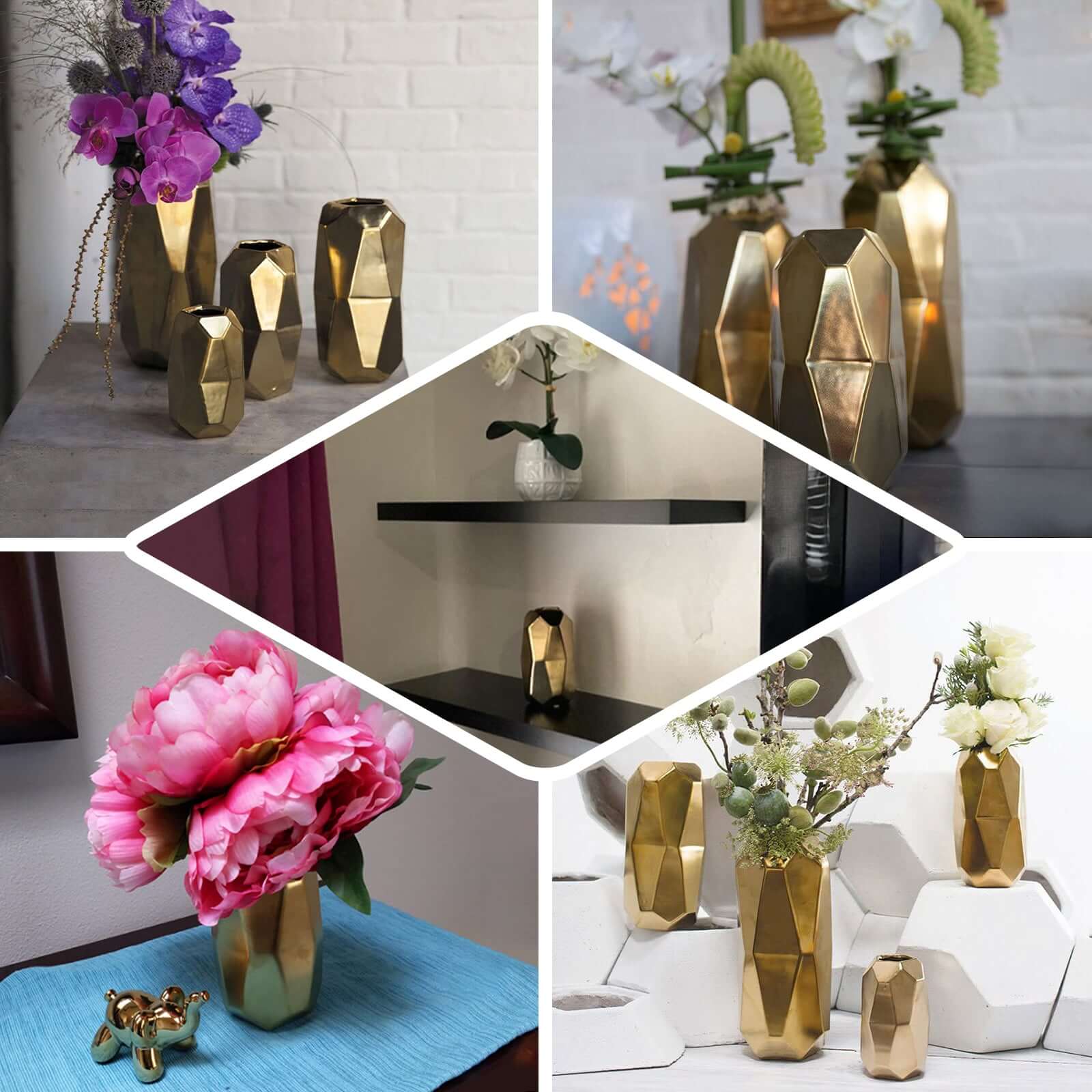 2-Pack Ceramic Cylinder Vases Metallic Gold Geometric - Stylish Modern Decor for Floral Arrangements 6"