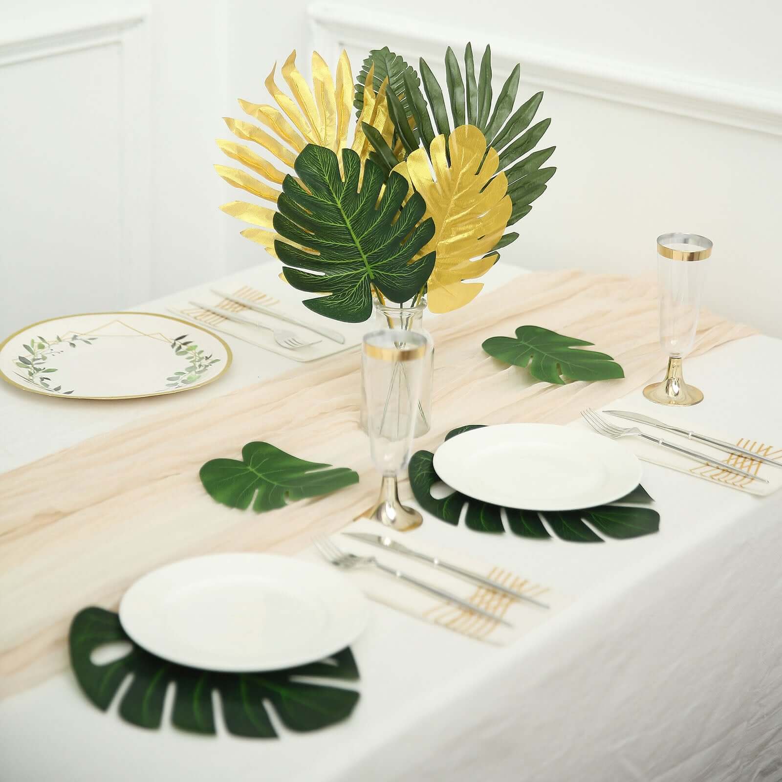 28 Pack Green And Gold Silk Tropical Monstera Palm Leaves, Assorted Artificial Jungle Theme Branches