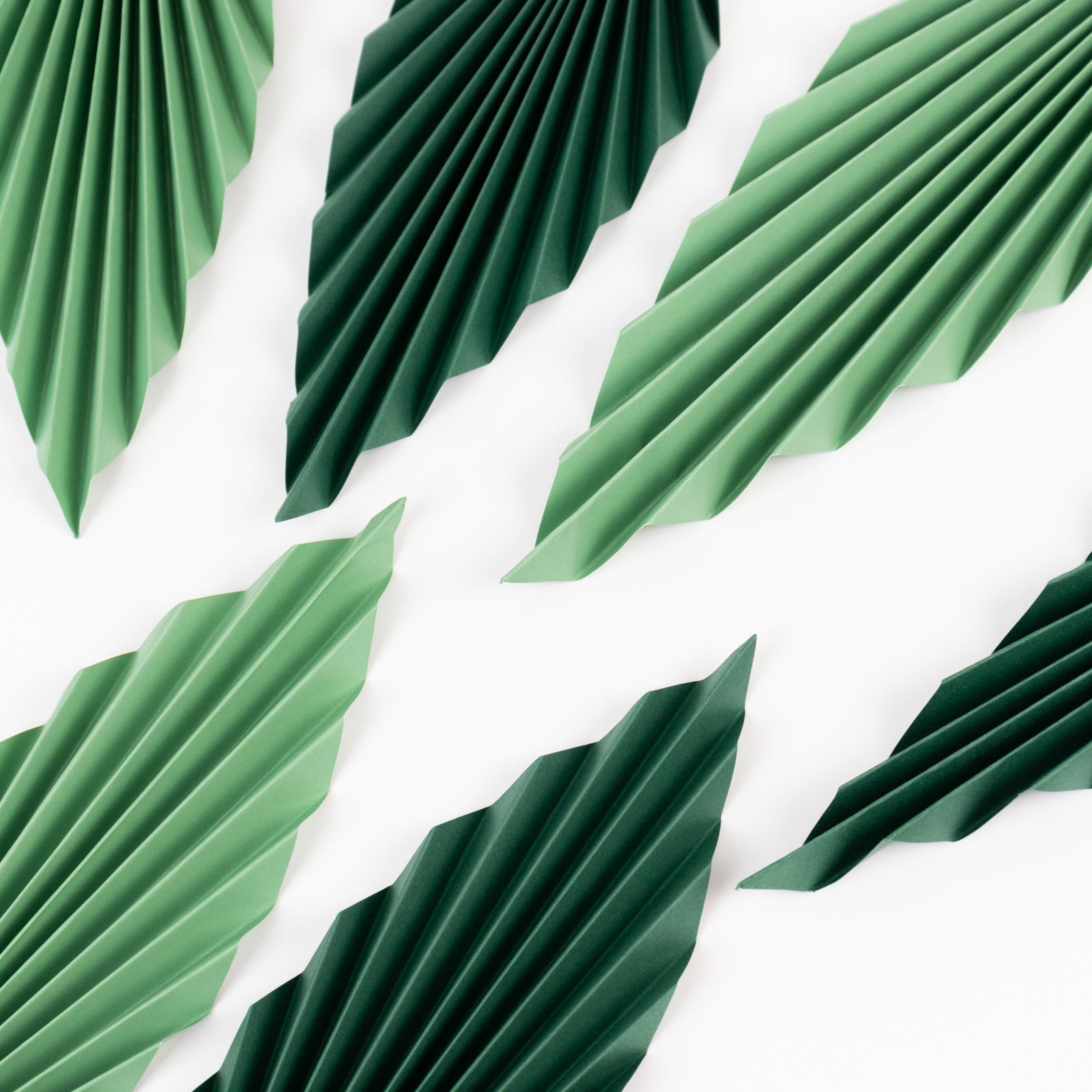 Set of 6 Mixed Green Leaves Hanging Paper Fans Backdrop Decor, Pre-Strung Foldable Tropical Palm Leaves Jungle Theme Party Supplies - 11",15"