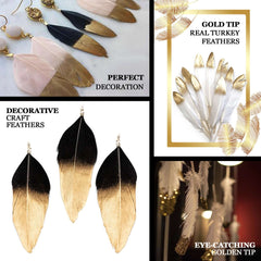 30 Pack Metallic Gold Dipped White Real Goose Feathers, Craft Feathers For Party Decoration