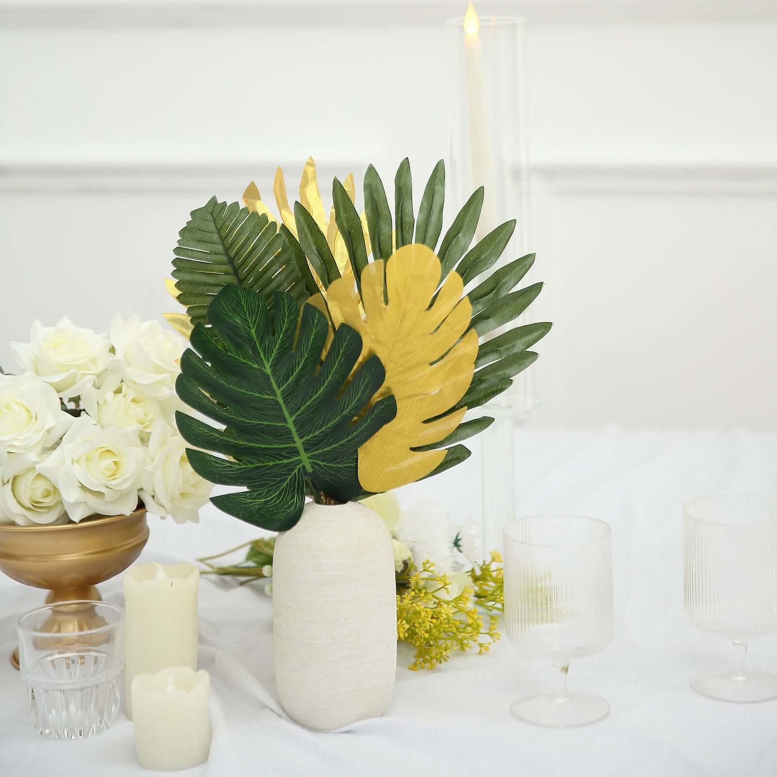 28 Pack Green And Gold Silk Tropical Monstera Palm Leaves, Assorted Artificial Jungle Theme Branches