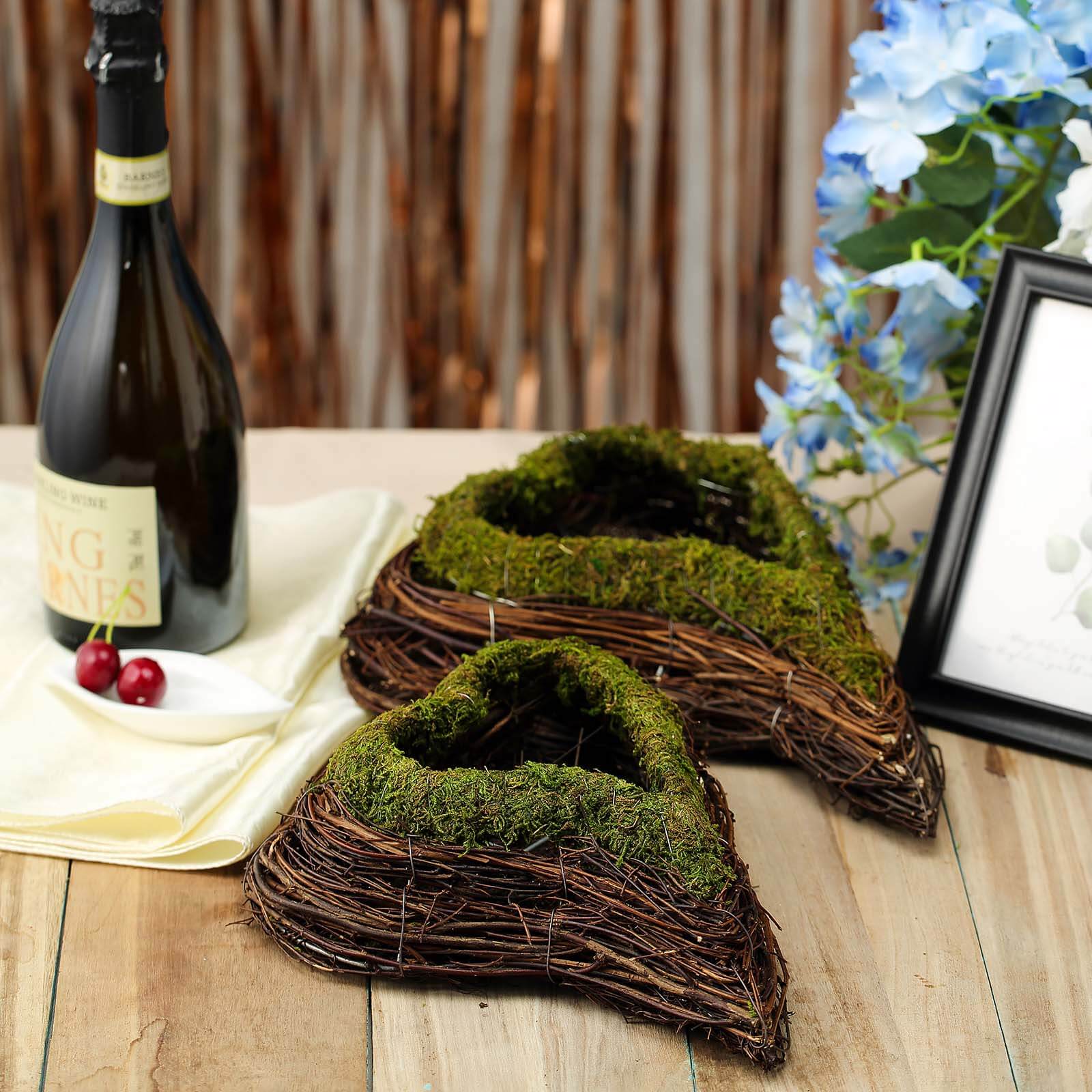 Set of 2 Heart Shaped Planter Boxes Preserved Moss Twigs Green - Flower Basket Centerpieces 14", 11"