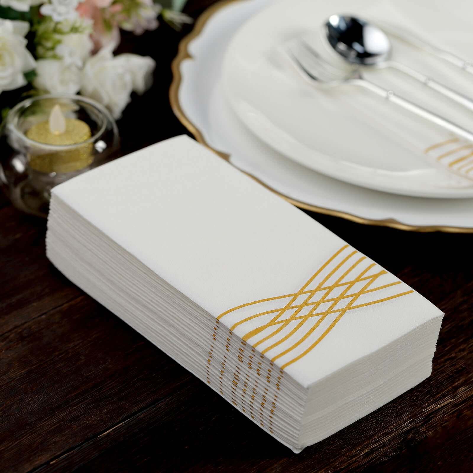 25 Pack Linen-Like Paper 8"x4" Napkins White with Metallic Gold Foil Wave Design - Soft & Absotbent Airlaid Hand Towels for Exquisite Weddings & Events