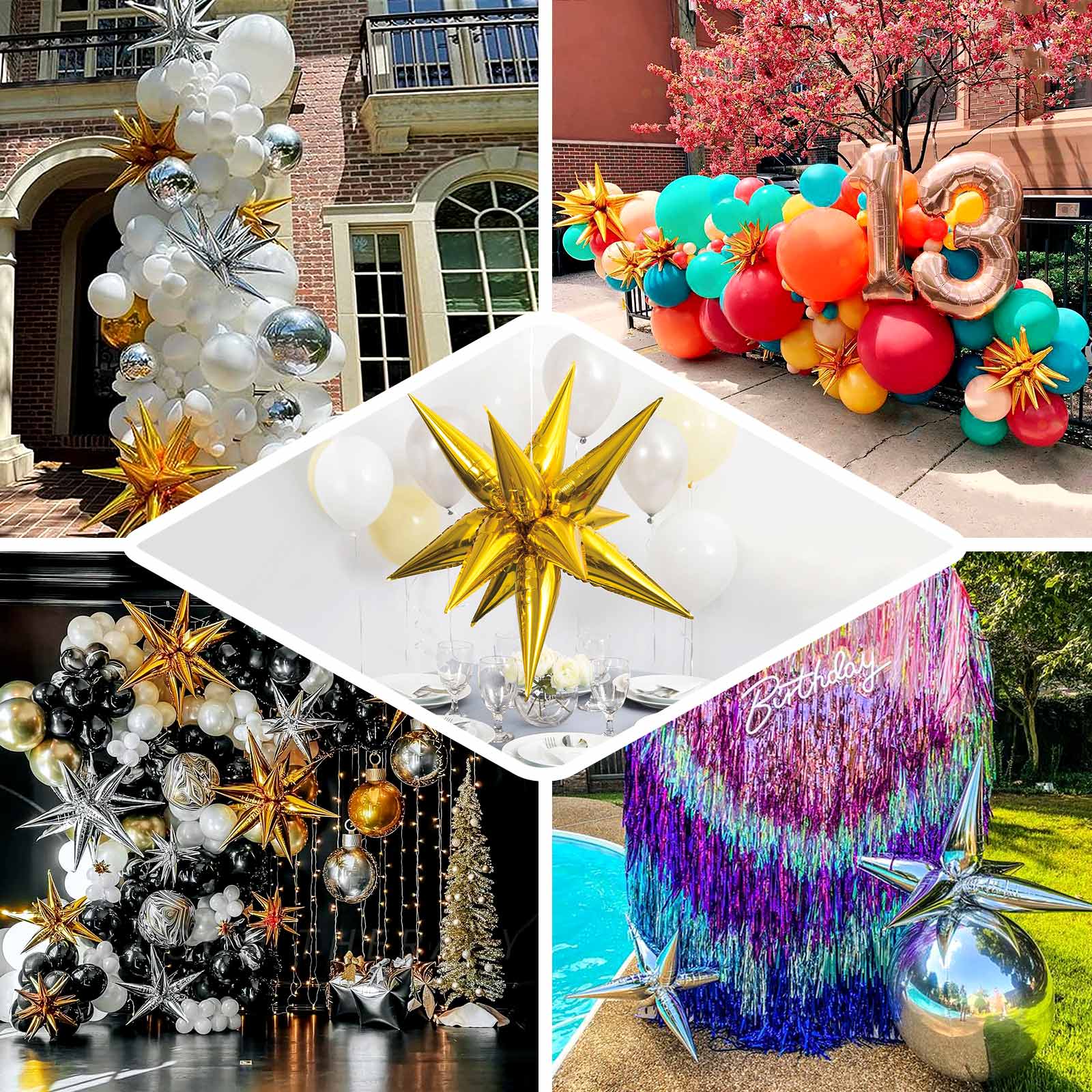 36 Pack Metallic Gold DIY Mylar Foil Starburst Cone Balloons, 3D Explosion Star Party Balloons Kit - Customizable