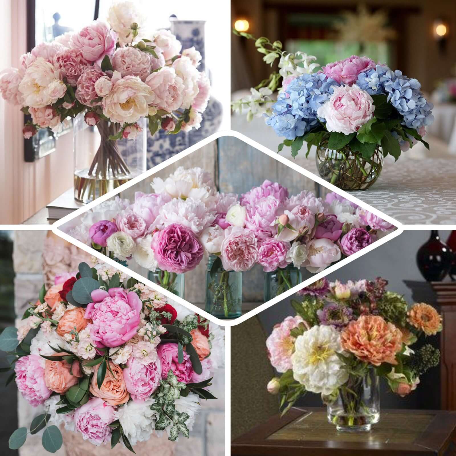 12 Bushes Ivory Artificial Peony Floral Bouquets, High Quality Silk Flower Arrangements