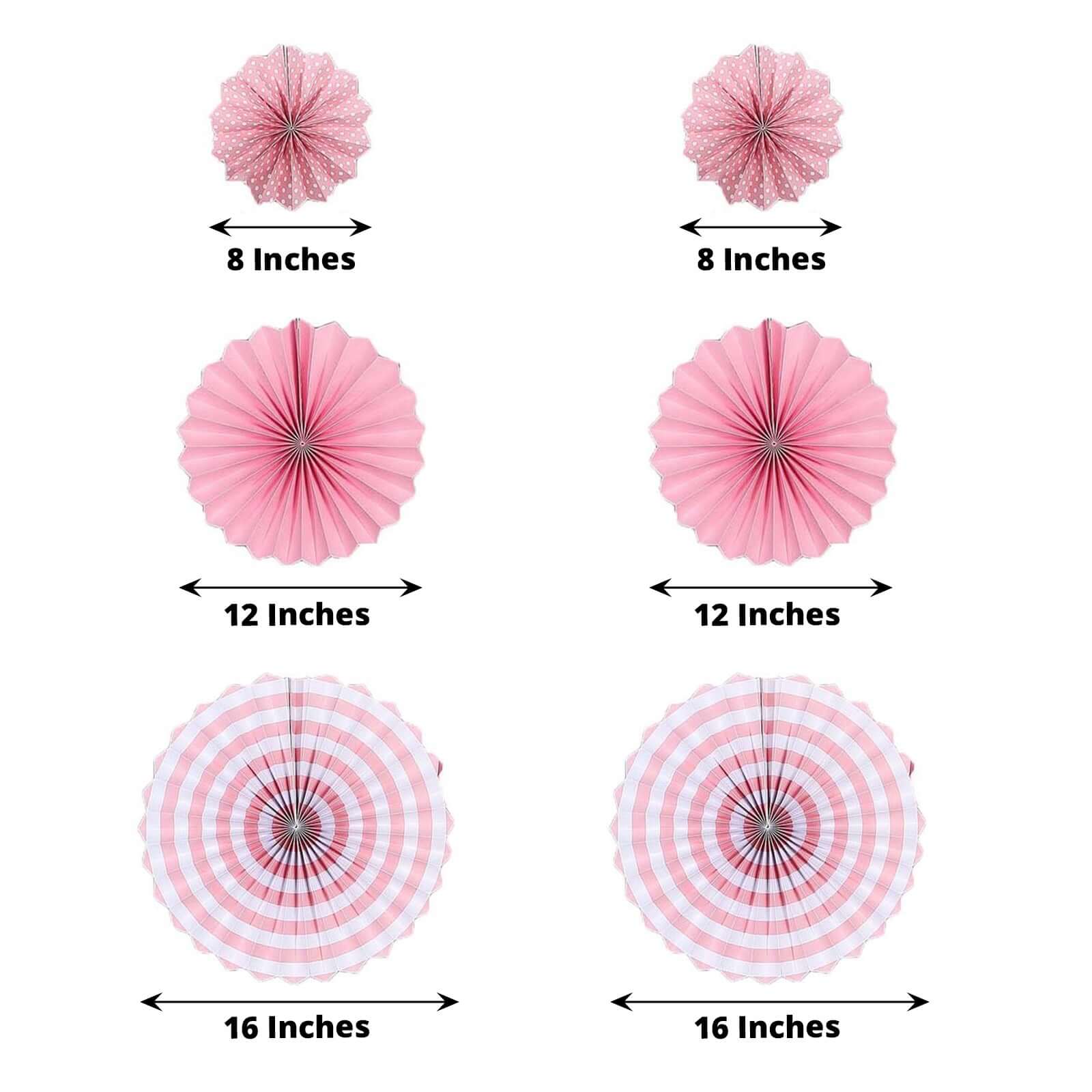 Set of 6 Pink Hanging Paper Fan Decorations, Pinwheel Wall Backdrop Party Kit - 8", 12", 16"