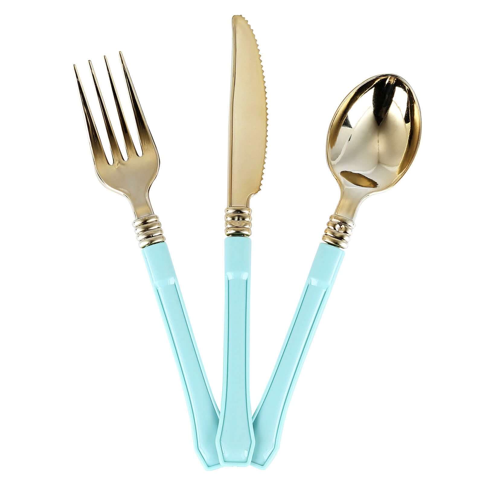 24-Pack Plastic Spoons with Light Blue Handle Gold - Heavy Duty Disposable Silverware 7"