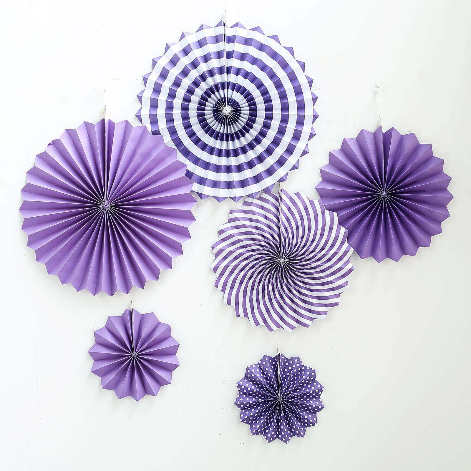 Set of 6 Purple Hanging Paper Fan Decorations, Pinwheel Wall Backdrop Party Kit - 8", 12", 16"