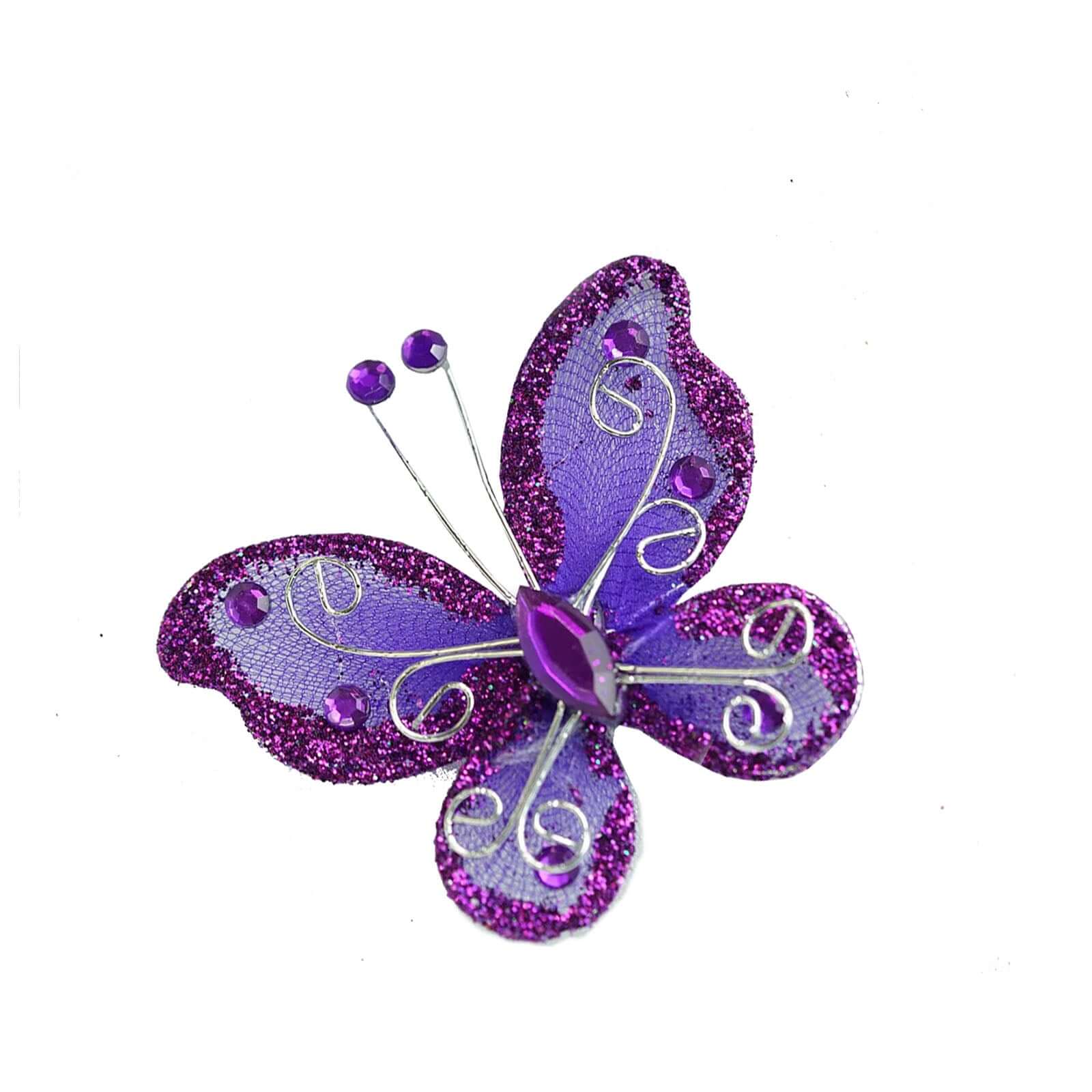 12 Pack 2" Purple Diamond Studded Wired Organza Butterflies