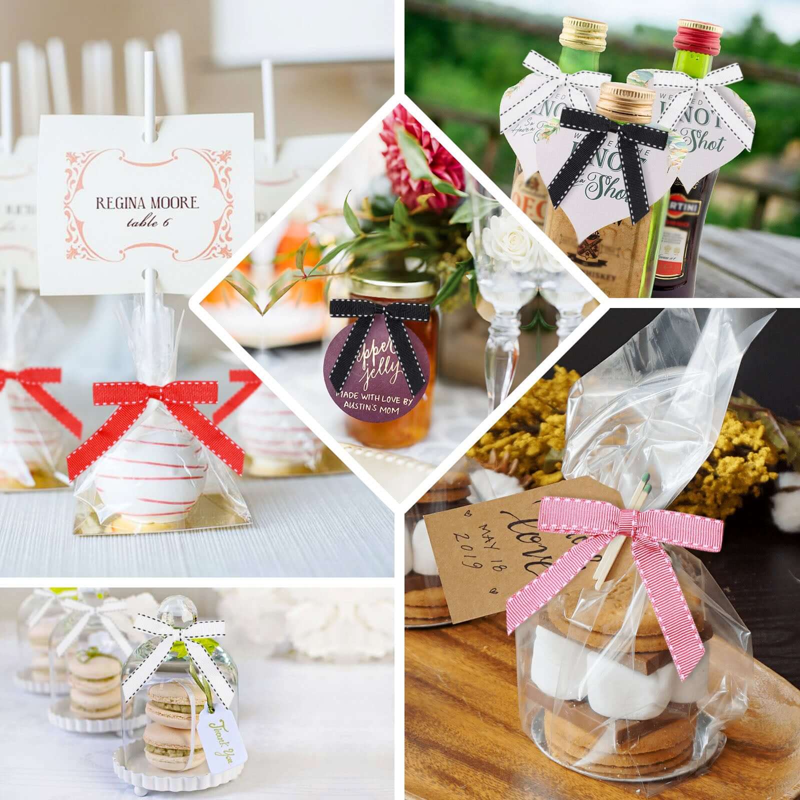 50 Pcs 3" Saddle Stitch Ribbon Bows With Twist Ties, Gift Basket Party Favor Bags Decor - Red White Polyester