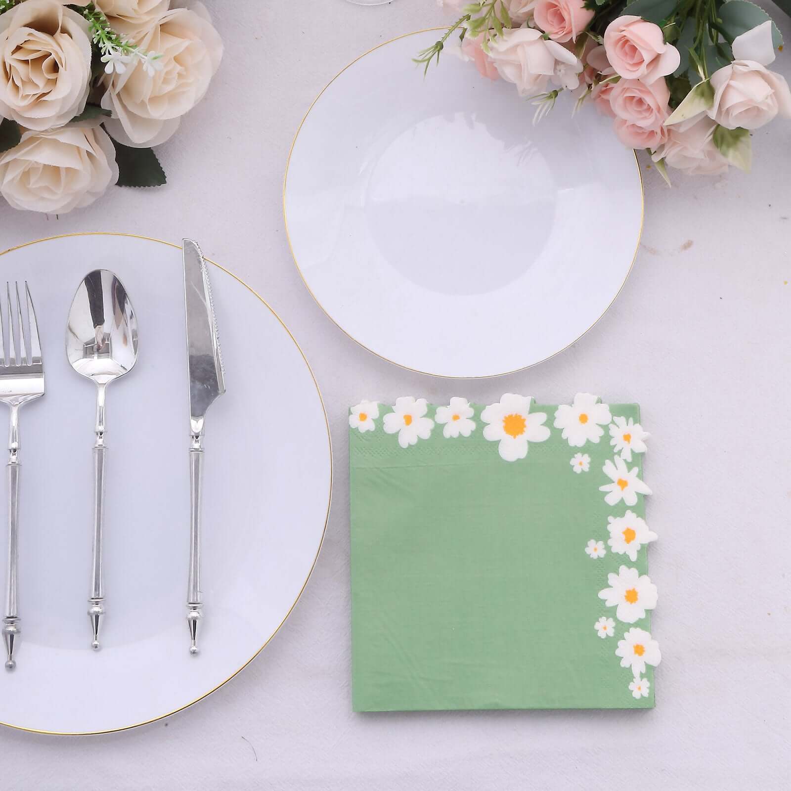 50-Pack Paper Beverage Napkins with Daisy Flower Design Sage Green - 2 Ply Soft 18GSM Floral Wedding Napkins 6.5"x6.5"