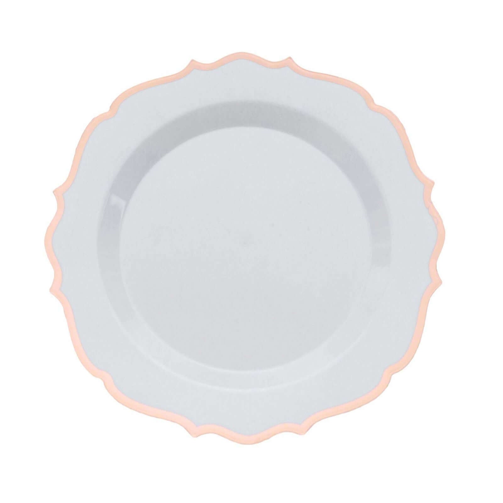 10-Pack Plastic 8" Round Desert Plates in White with Rose Gold Scalloped Rim - Disposable Appetizer/Salad Plates