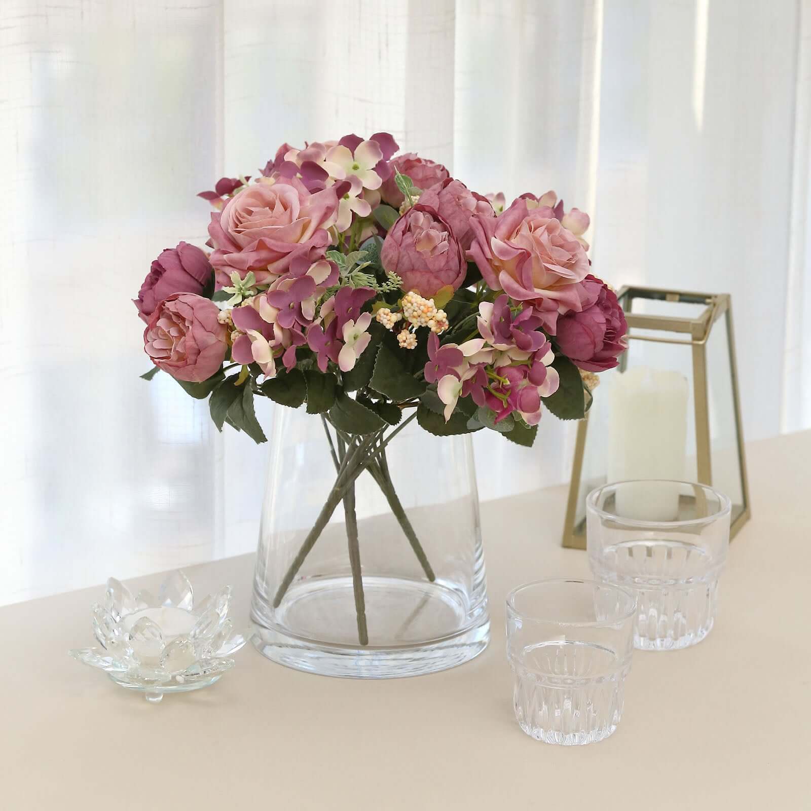 2 Pack Artificial Rose & Peony Floral Arrangements – 12" Dusty Rose Silk Bouquets for Weddings & Home Décor