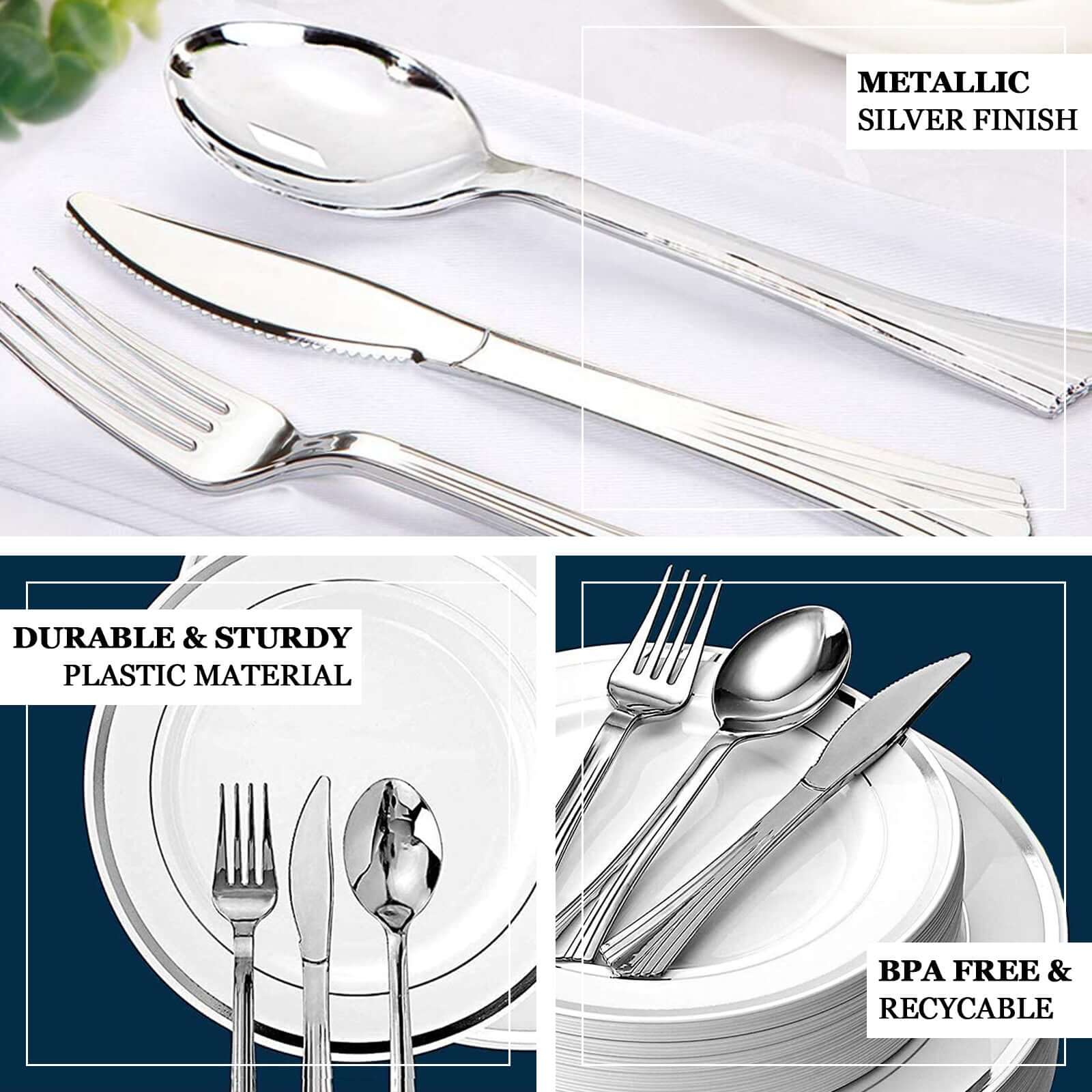 25-Pack Plastic Forks Silver Heavy Duty with Fluted Handles - Durable Disposable Tableware 7"