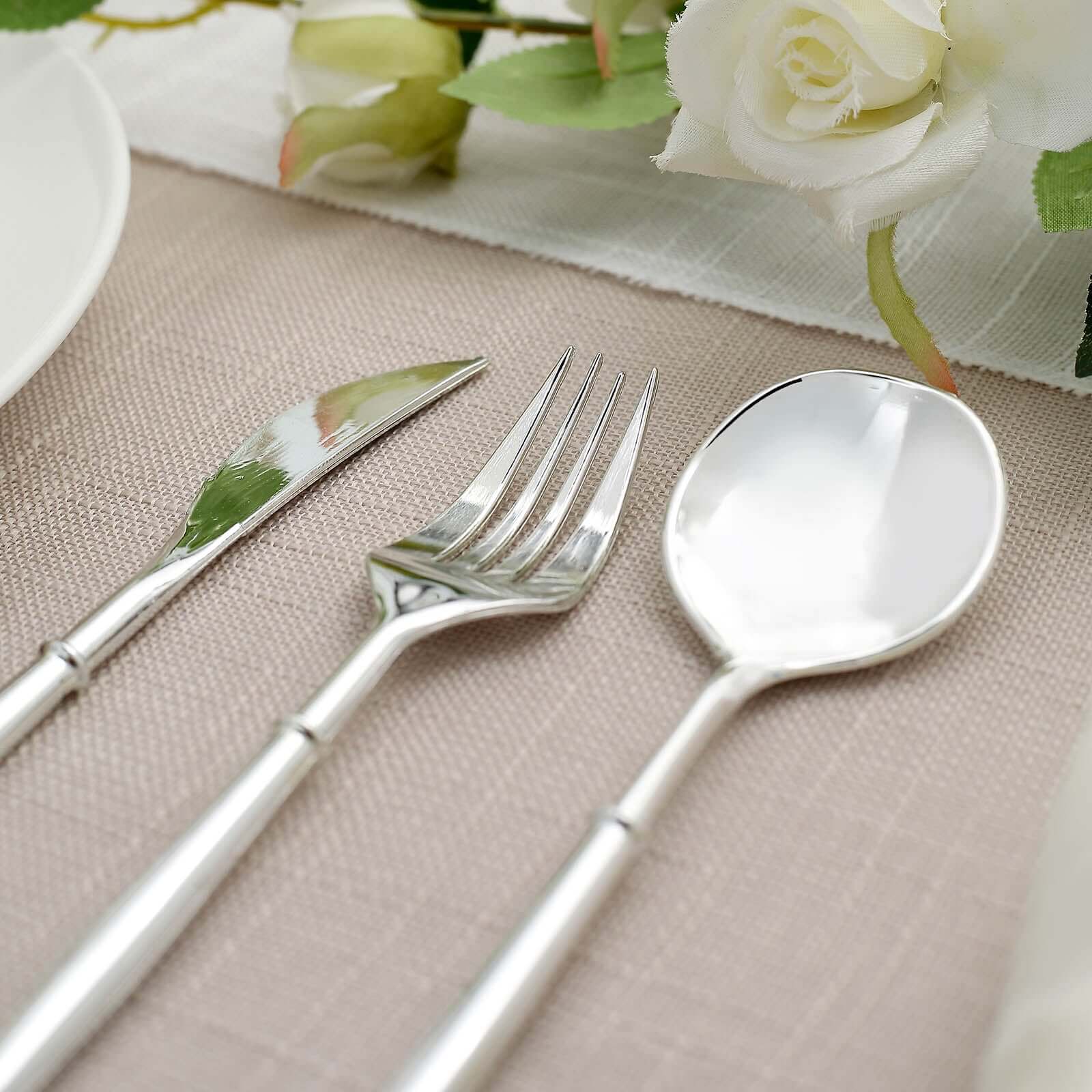 24-Pack Plastic Flatware Set in Silver - Heavy Duty Disposable Modern Silverware 8"