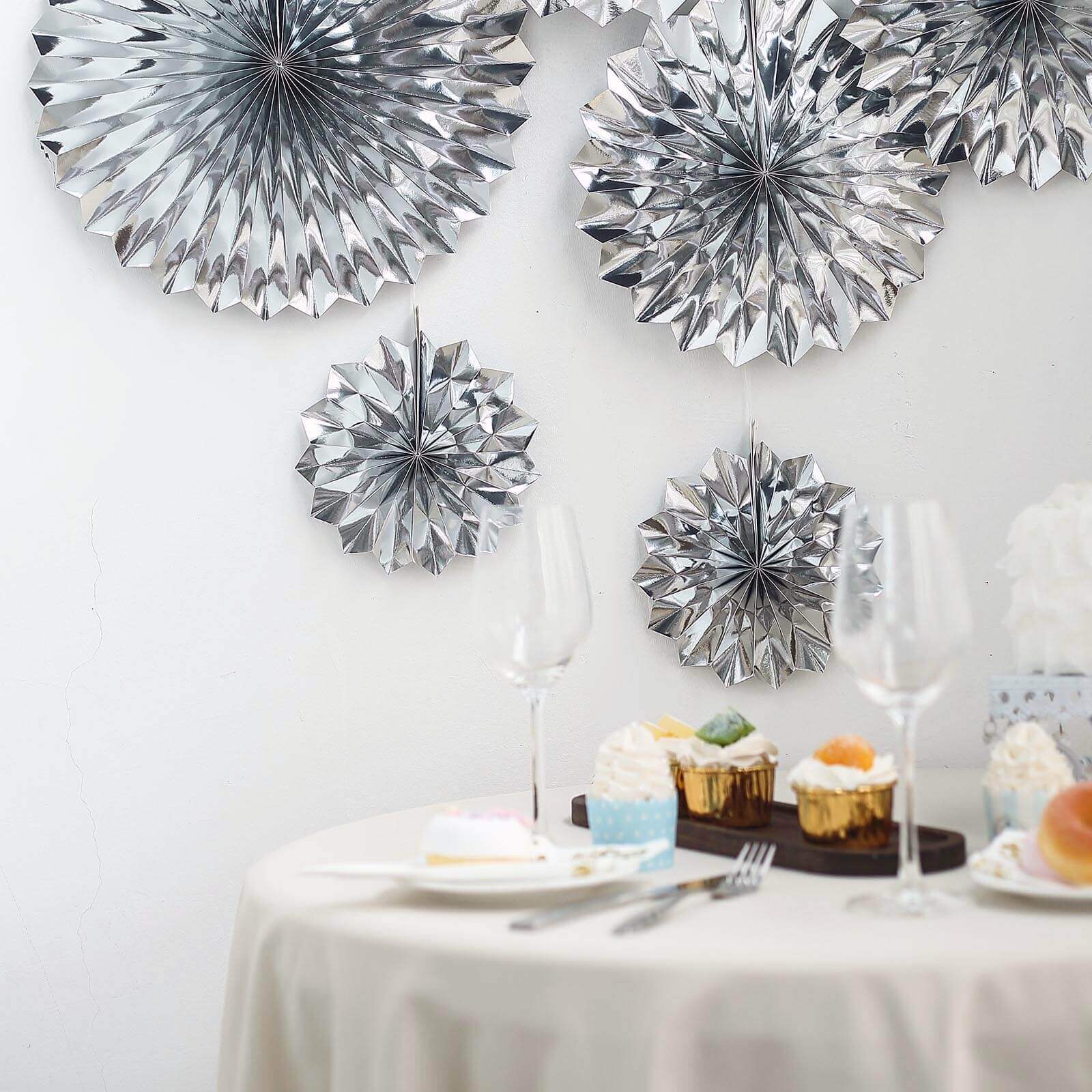 Set of 6 Metallic Silver Hanging Paper Fan Decorations, Pinwheel Wall Backdrop Party Kit - 8", 12", 16"