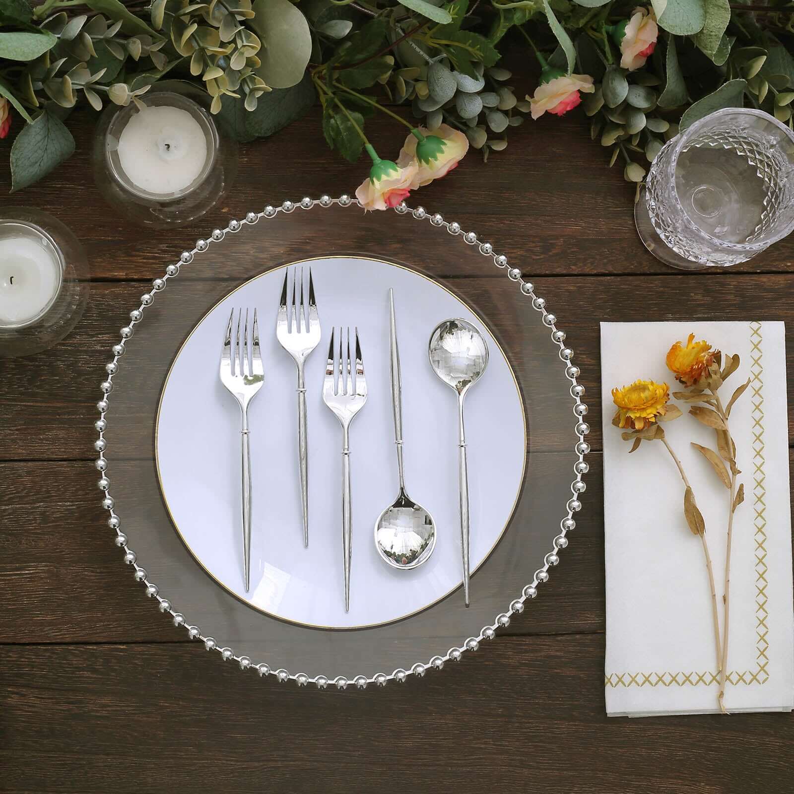 24-Pack Plastic Fork and Spoon Set Metallic Silver - Heavy Duty Disposable Modern Utensils 6"