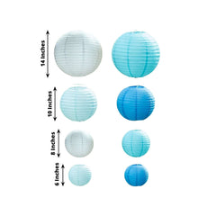Set of 8 Mixed Blue White Hanging Paper Lanterns, Decorative Round Chinese Sky Lanterns, Assorted Sizes - 6",8",10",14"