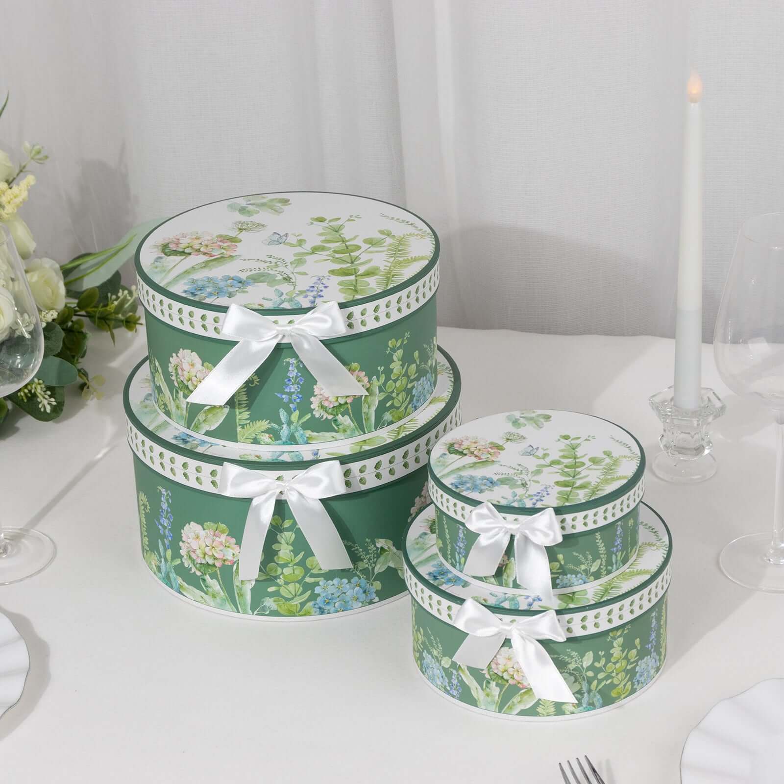 Set of 4 Cardstock Round Nesting Gift Boxes Greenery Theme Design - Decorative Heavy Duty Stackable Keepsake Boxes With Lids for Presents Storage & Pedestal Stand 5",7",8",9"