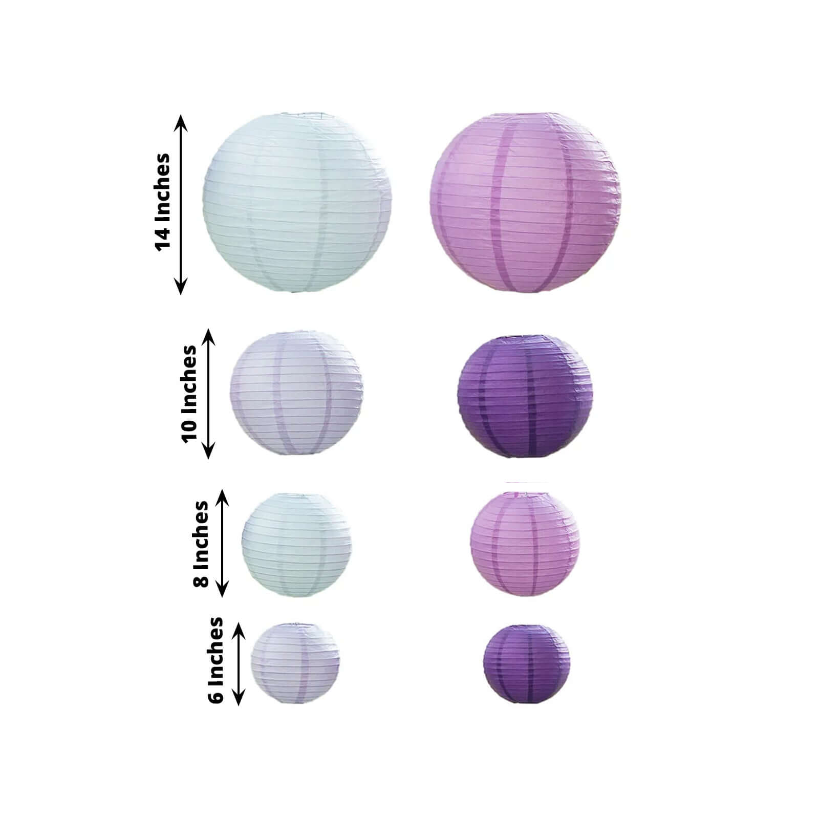 Set of 8 Mixed Purple White Hanging Paper Lanterns, Decorative Round Chinese Sky Lanterns, Assorted Sizes - 6",8",10",14"