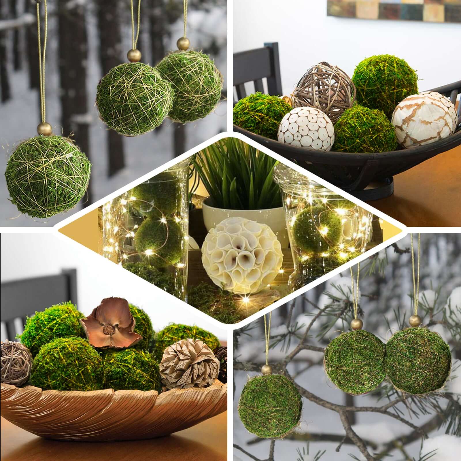 12-Pack Moss Ball Vase Fillers Handmade with Golden Twine Natural Preserved - DIY Decorative Craft Projects 2"
