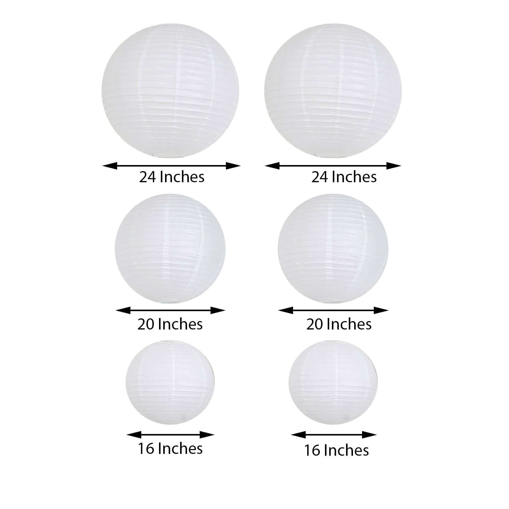 Set of 6 White Hanging Paper Lanterns, Chinese Sky Lanterns, Assorted Sizes - 16", 20", 24"
