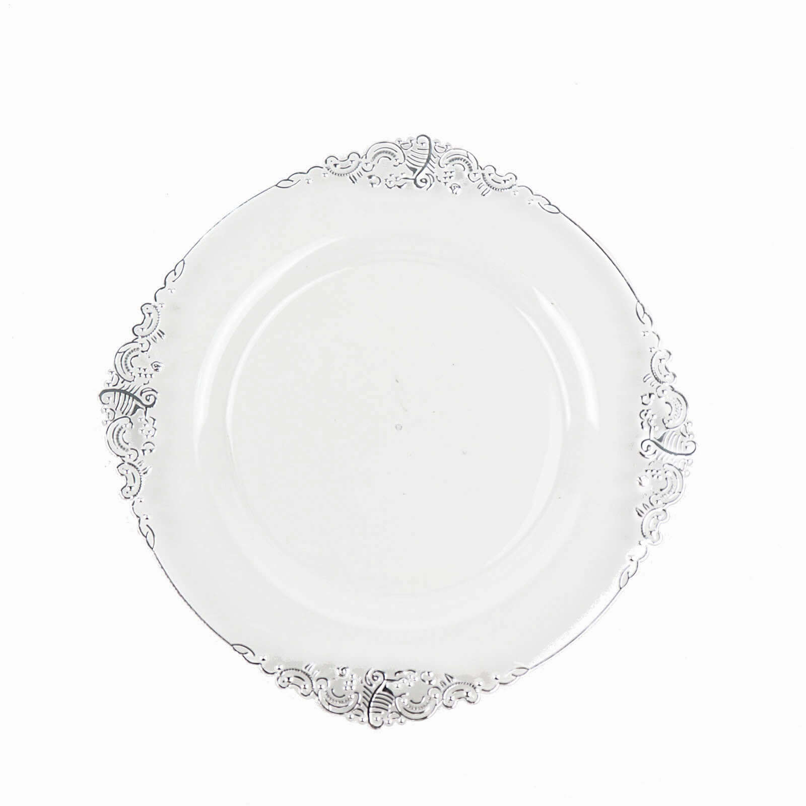 10-Pack Plastic 8" Round Dessert Plates in Clear with Silver Leaf Embossed Rim - Disposable Vintage Baroque Style Salad Plates