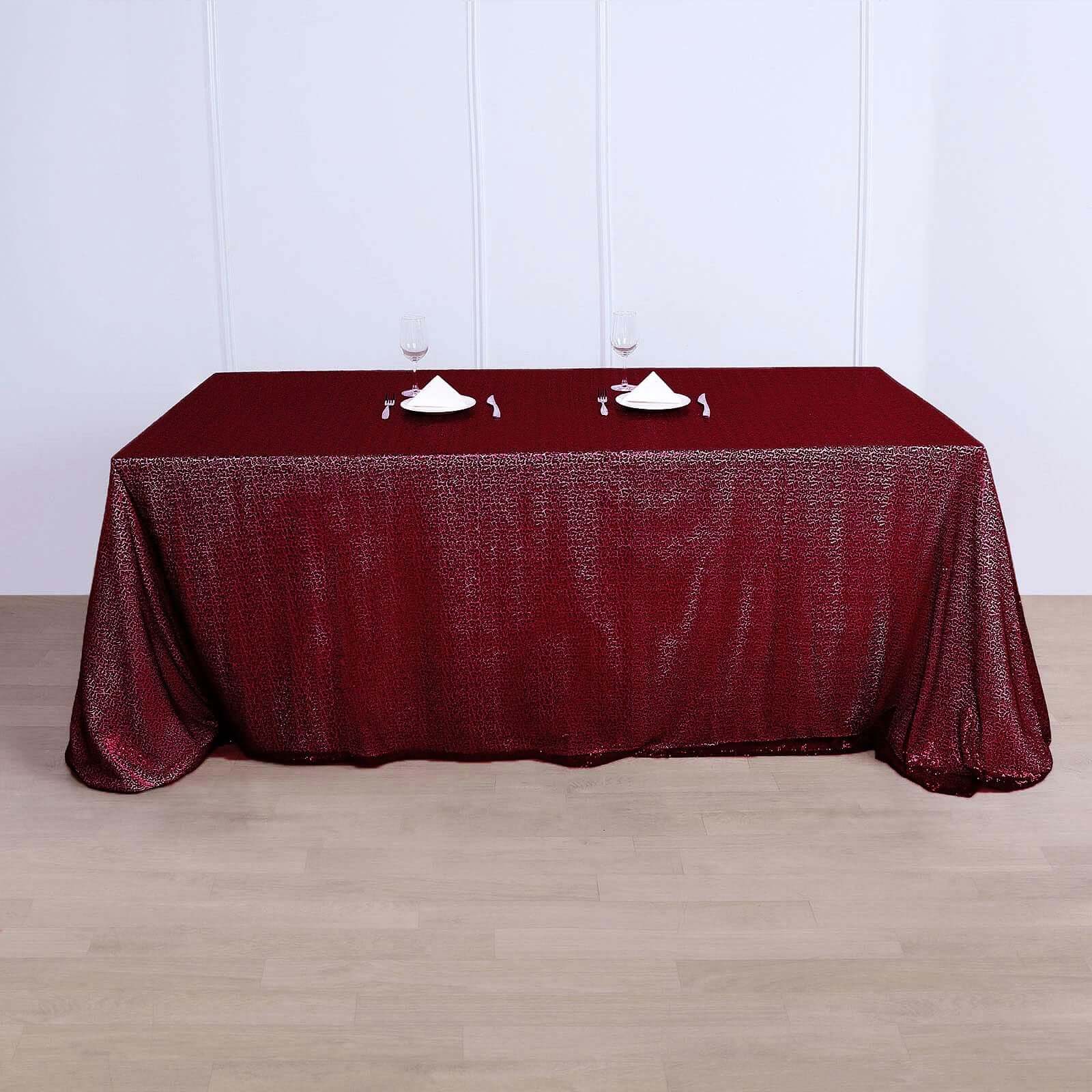 90x156" Burgundy Seamless Sequin Rectangle Tablecloth for 8 Foot Table With Floor-Length Drop