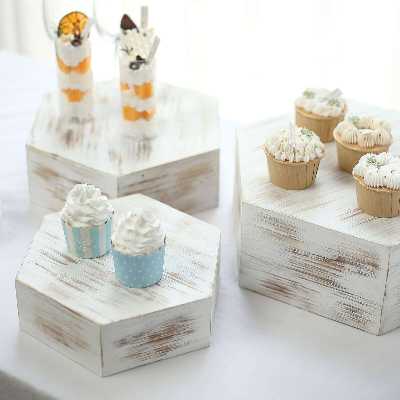Set of 3 Wooden Dessert Display Boxes Whitewashed Hexagonal Design - Stackable Riser Cake Stand 9", 11", 13"