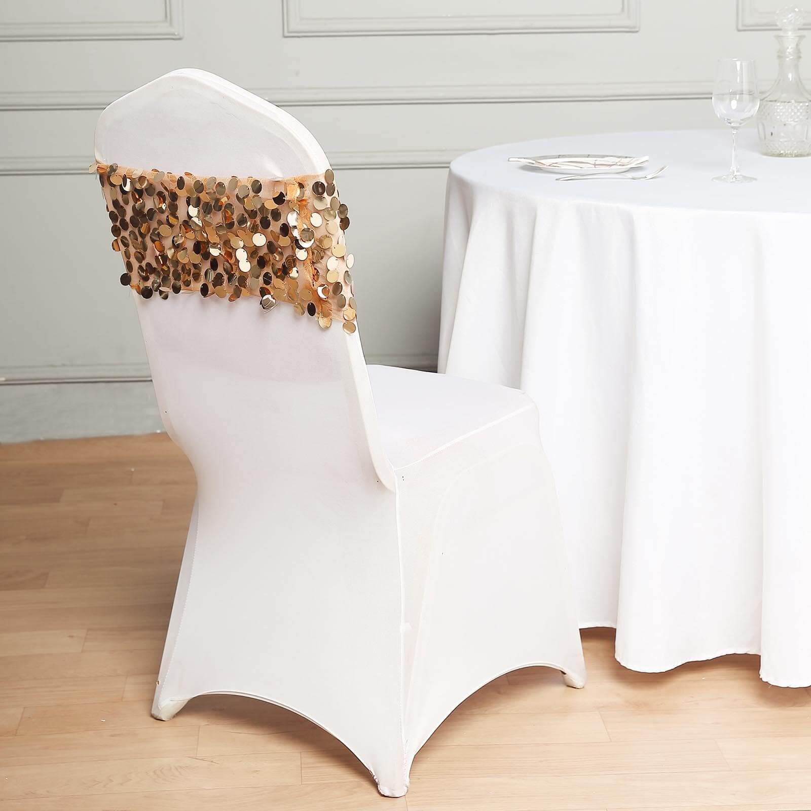 5 Pack Big Payette Sequin 13"x10" Chair Sash Bands Gold - Stylish Glittering Decor for Weddings & Gatherings
