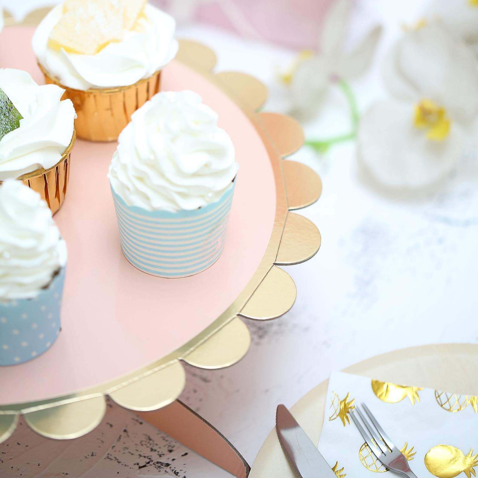 1-Tier Cardboard Cake Stand Blush - Stylish Reusable Cupcake Dessert Holder with Gold Scalloped Rim for Baby Showers Birthdays & Events 13"