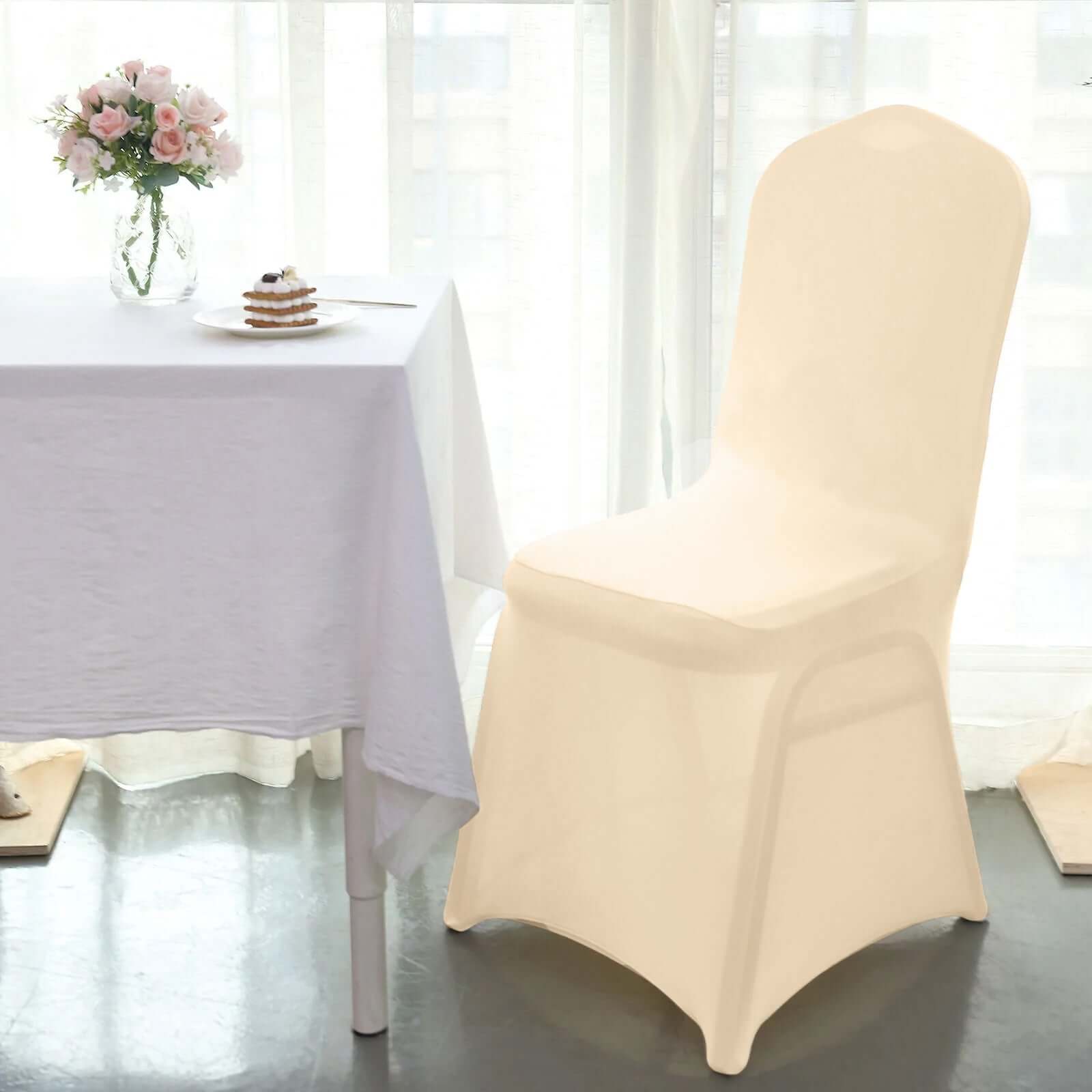 Spandex Chair Cover for Banquet Chairs Beige - Stretch 160GSM Fabric with Slip-On Slipcover