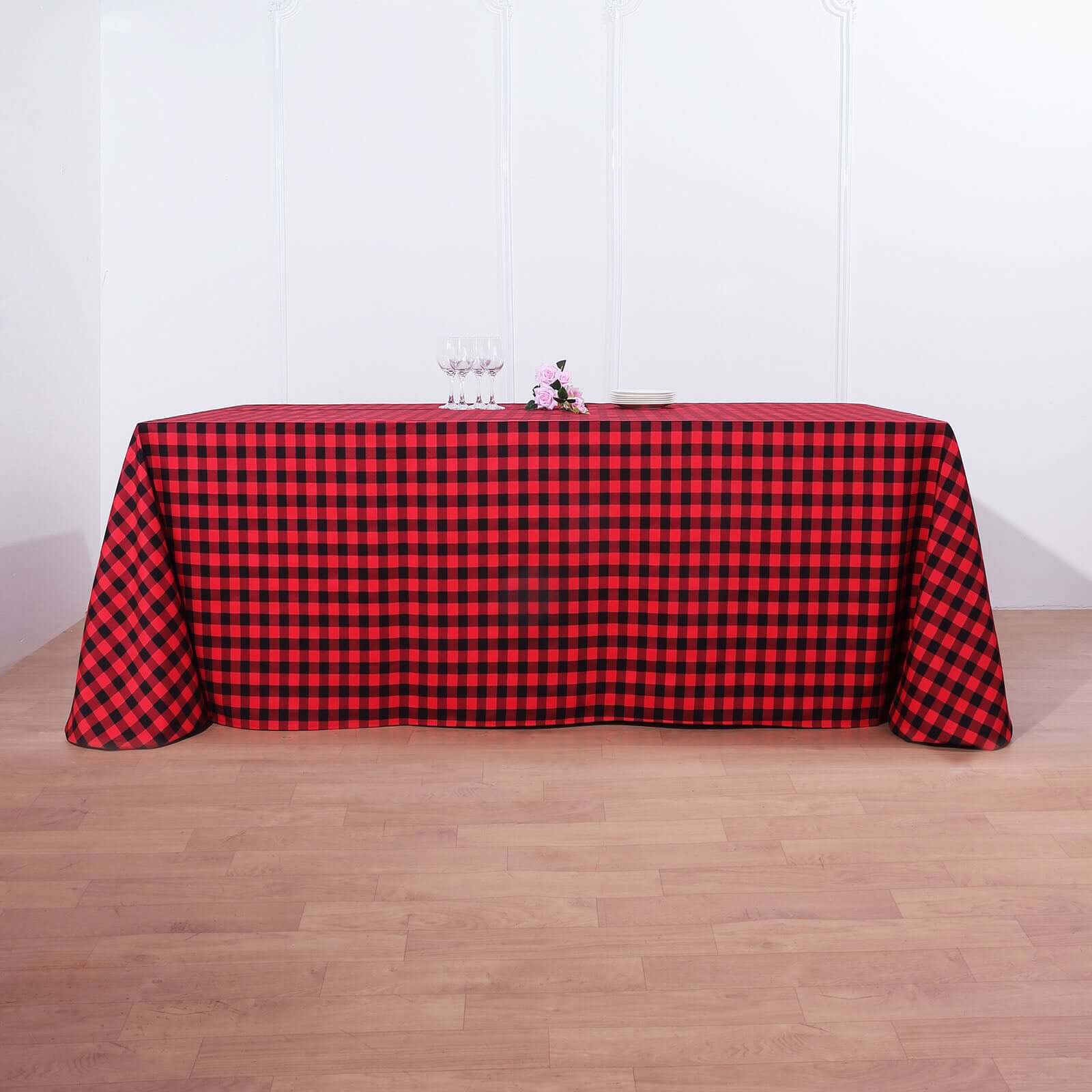 90"x156" Black Red Seamless Buffalo Plaid Rectangle Tablecloth, Checkered Polyester Tablecloth for 8 Foot Table With Floor-Length Drop
