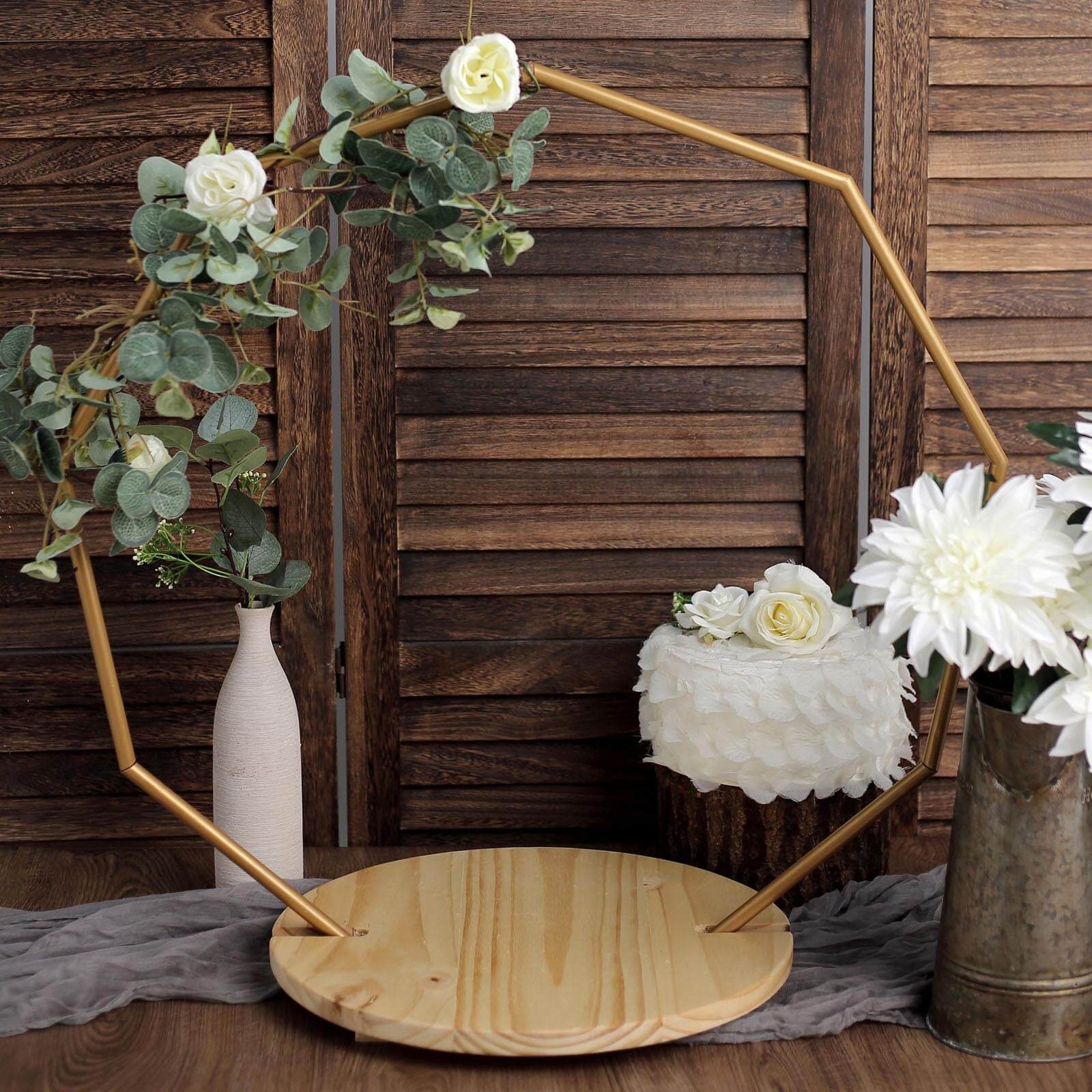 Metal Nonagon Floral Hoop Cake Stand Gold - Chic Geometric Dessert Display DIY Centerpiece Table Decoration With Wooden Base 27"