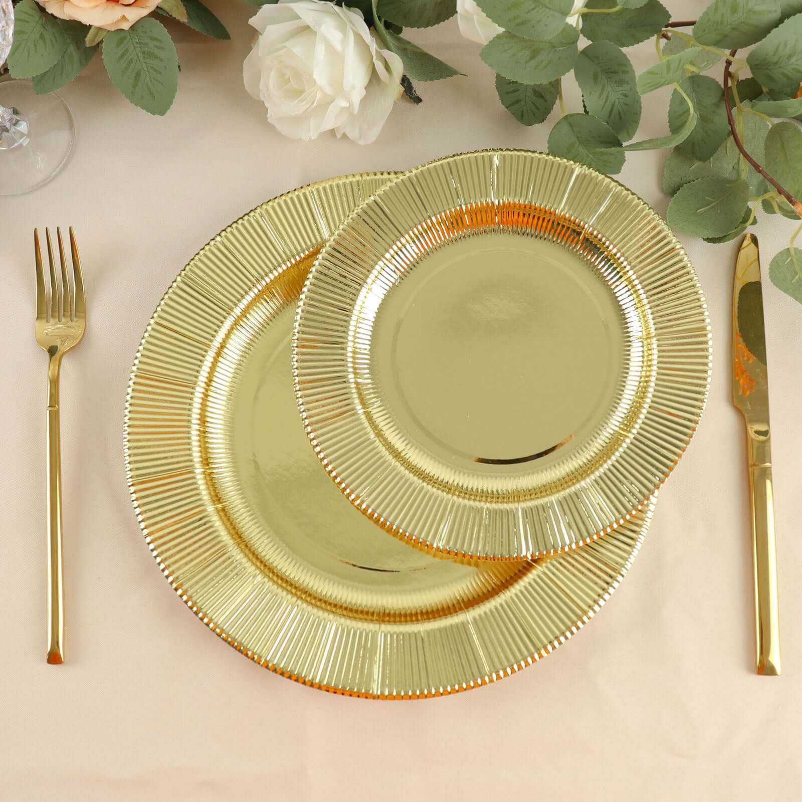 25-Pack Paper 8" Round Dessert Plates in Metallic Gold Sunray Design - Disposable Heavy Duty 350GSM Appetizer Salad Plates