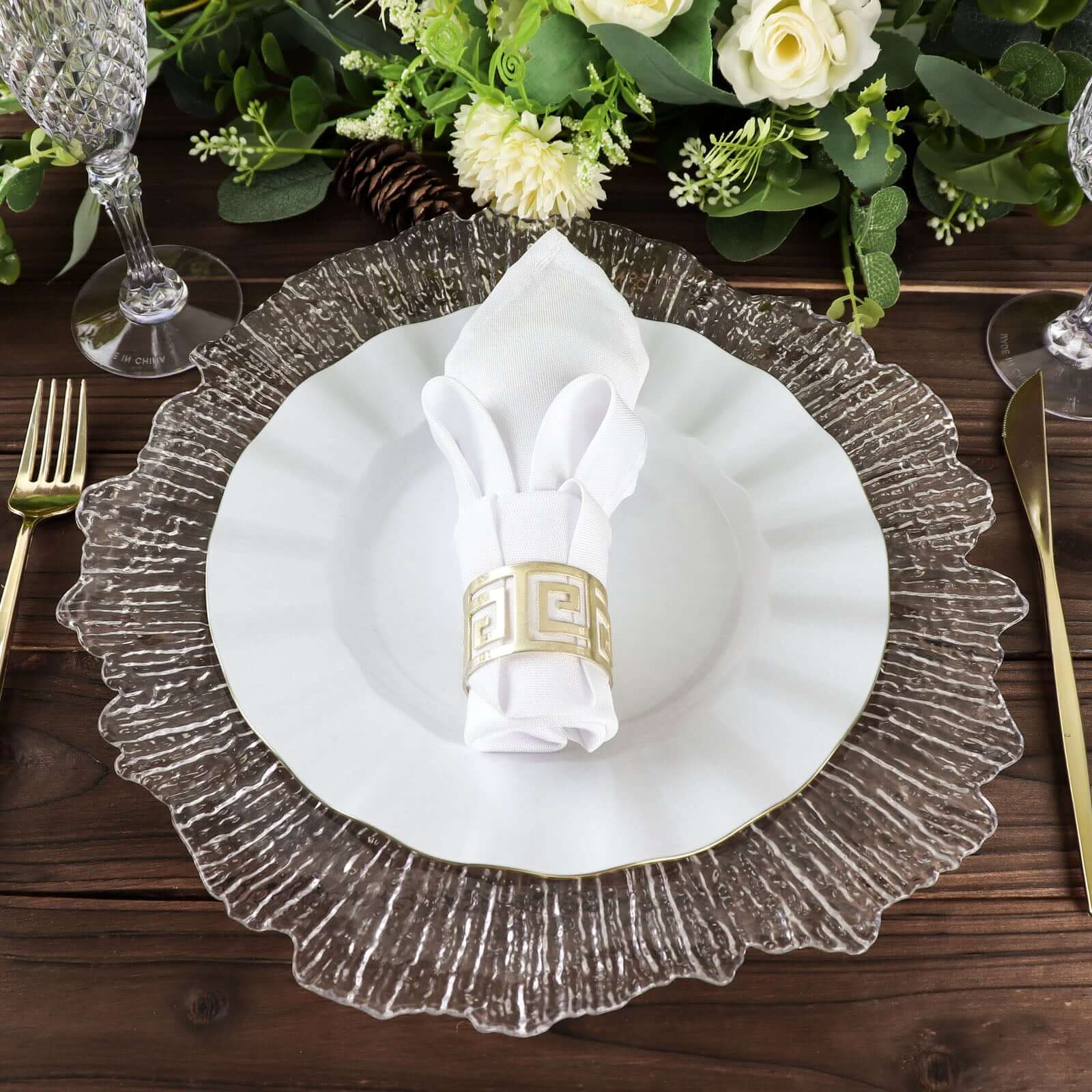 10-Pack Plastic 9" Round Dinner Plates in White Ruffled Rim with Gold Edging - Sturdy Disposable Dinnerware for Classy Events & Banquets