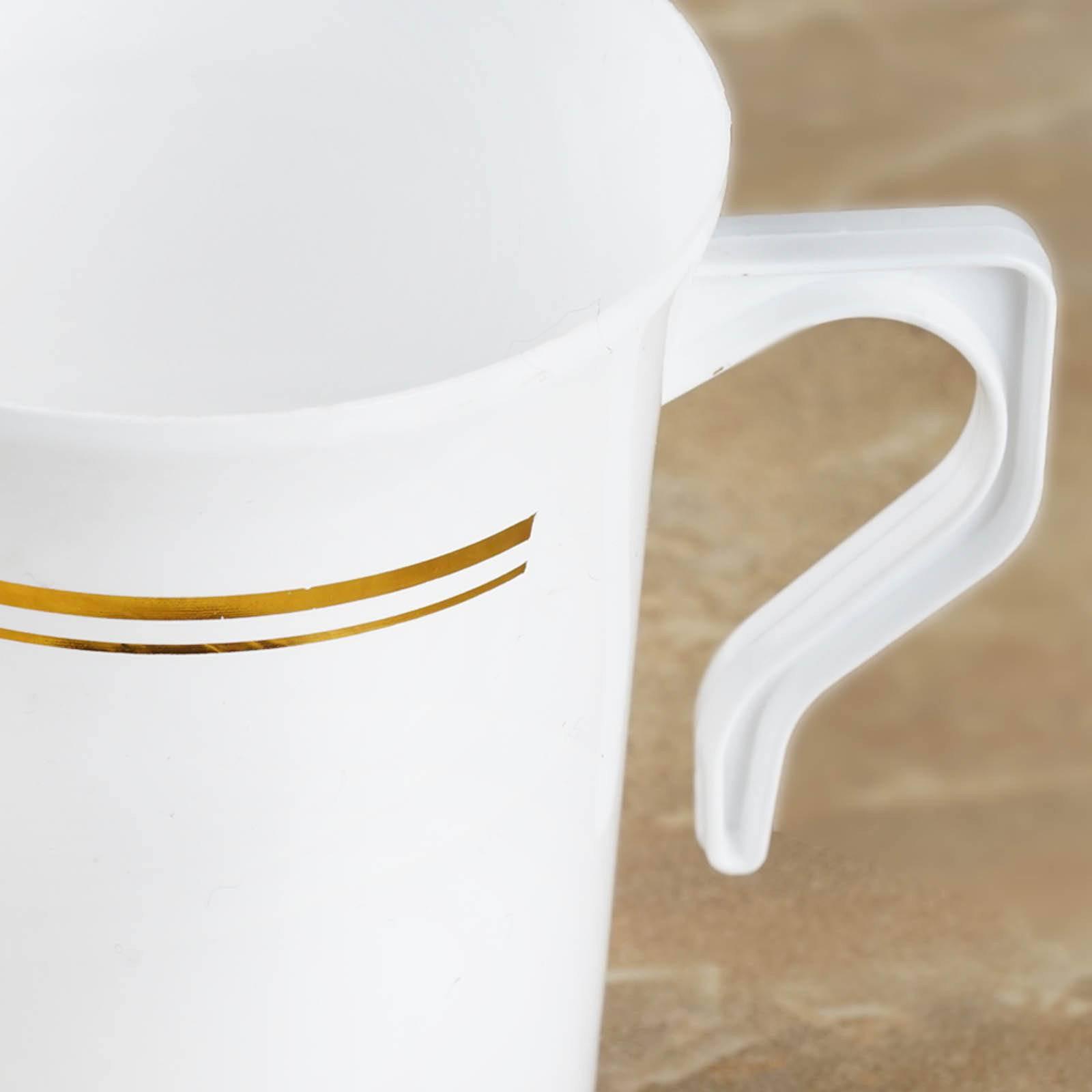 8-Pack Plastic Coffee Mugs White with Gold Stripes - Sturdy Disposable Cups for Coffee and Tea 8oz 3.5"