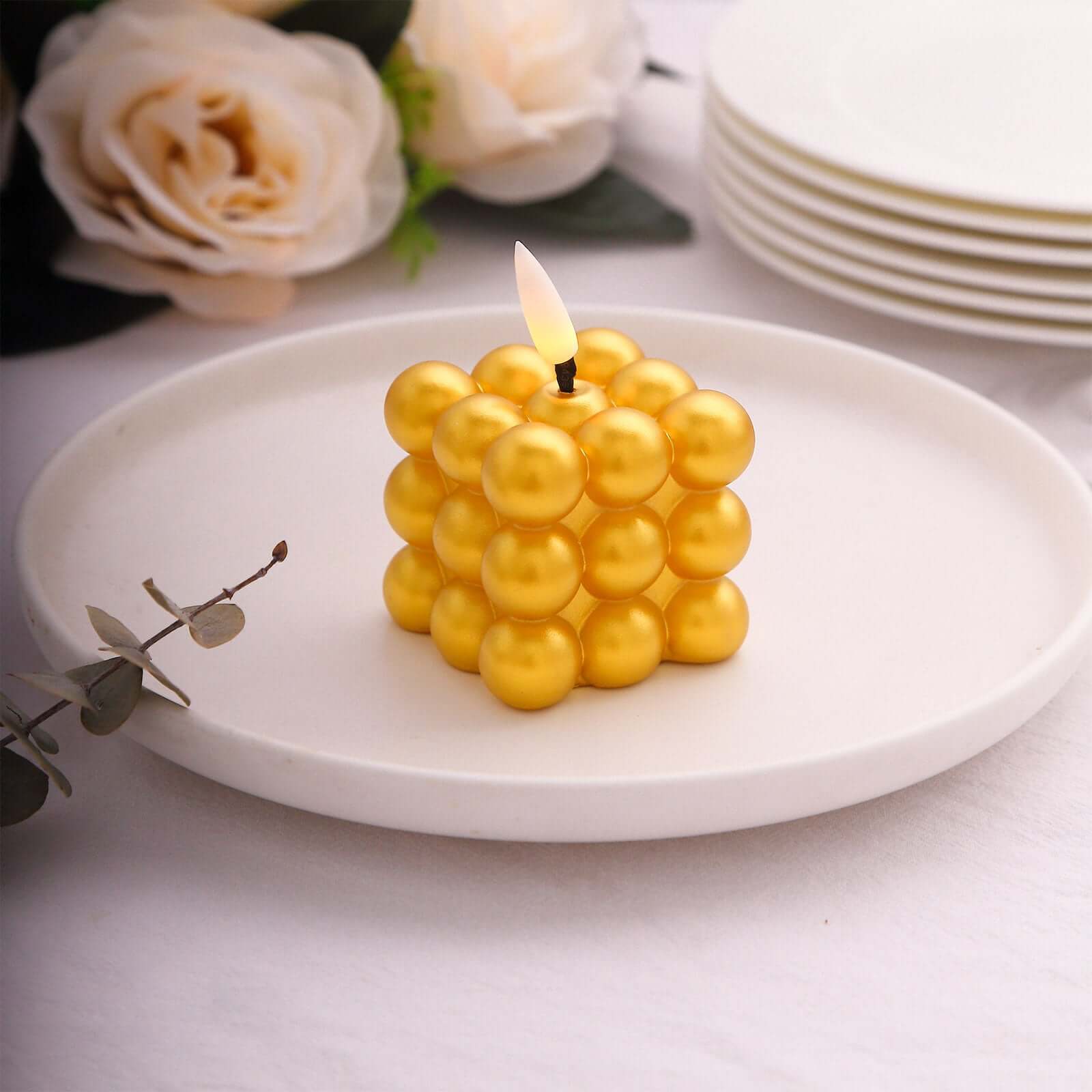 2-Pack LED Flameless Cube Candles Mini Bubble Metallic Gold - Battery Operated 2"